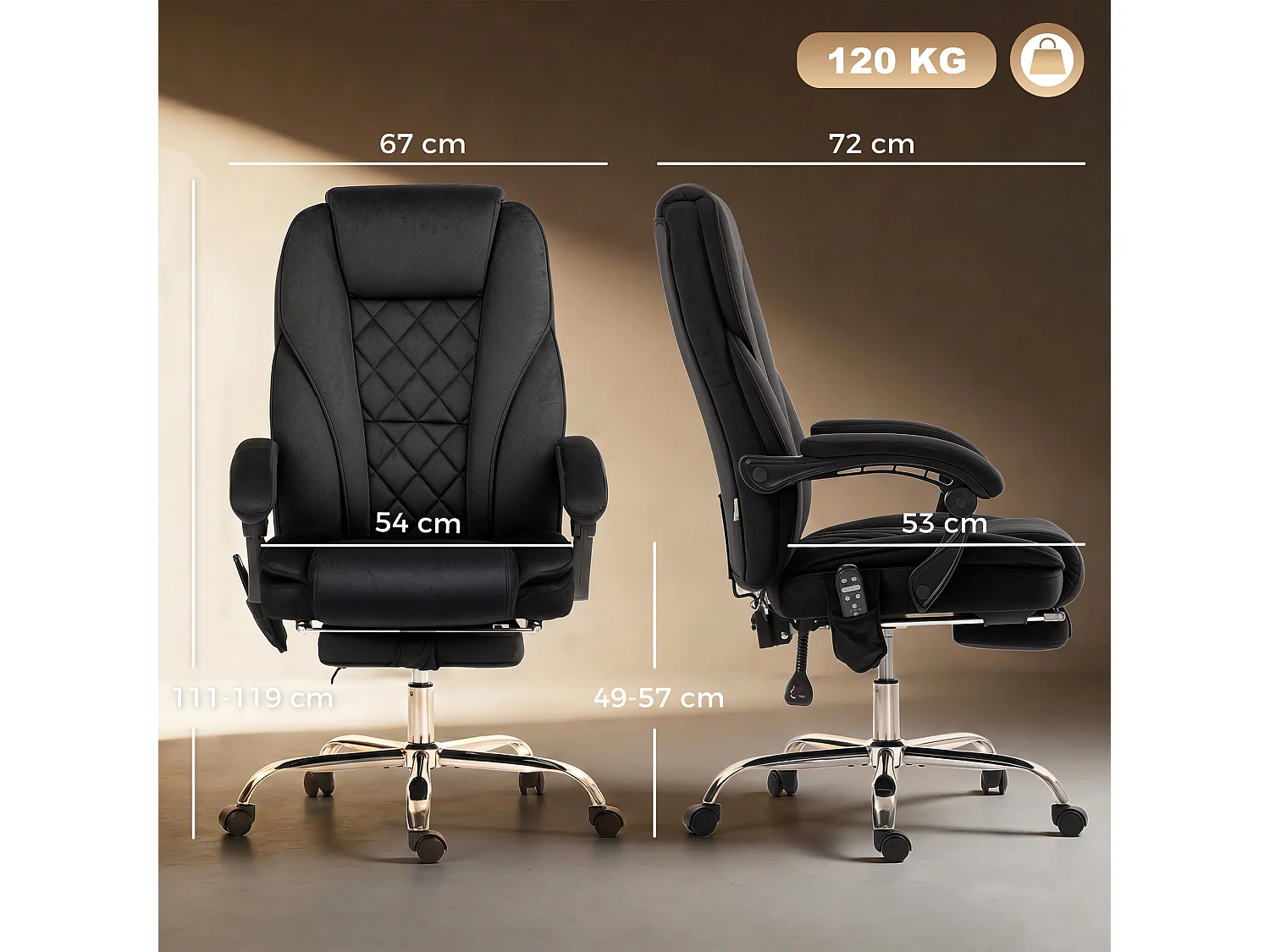 Fauteuil de bureau manager massant chauffant inclinable réglable télécommande repose-pieds rétractable velours noir