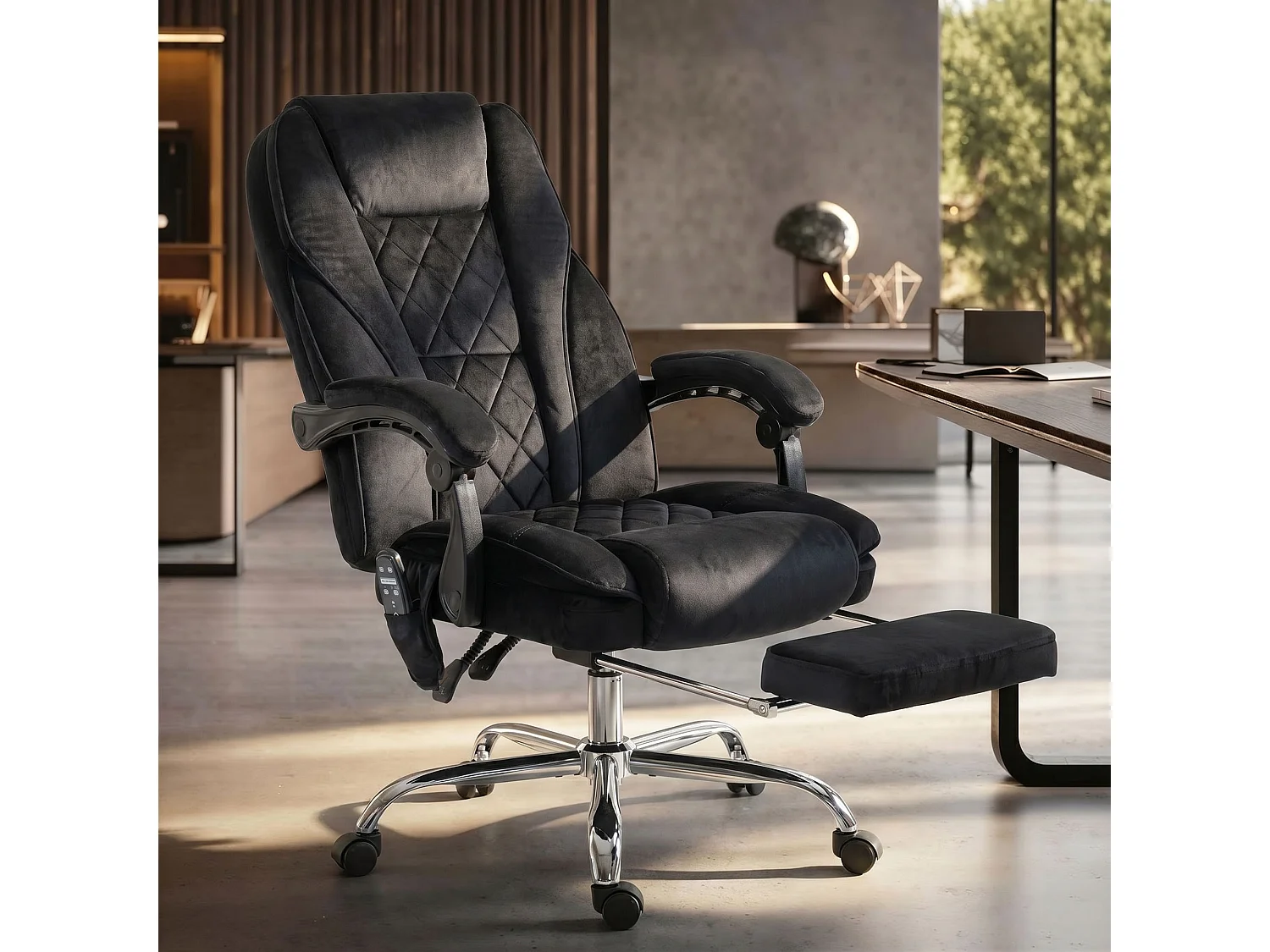 Fauteuil de bureau manager massant chauffant inclinable réglable télécommande repose-pieds rétractable velours noir