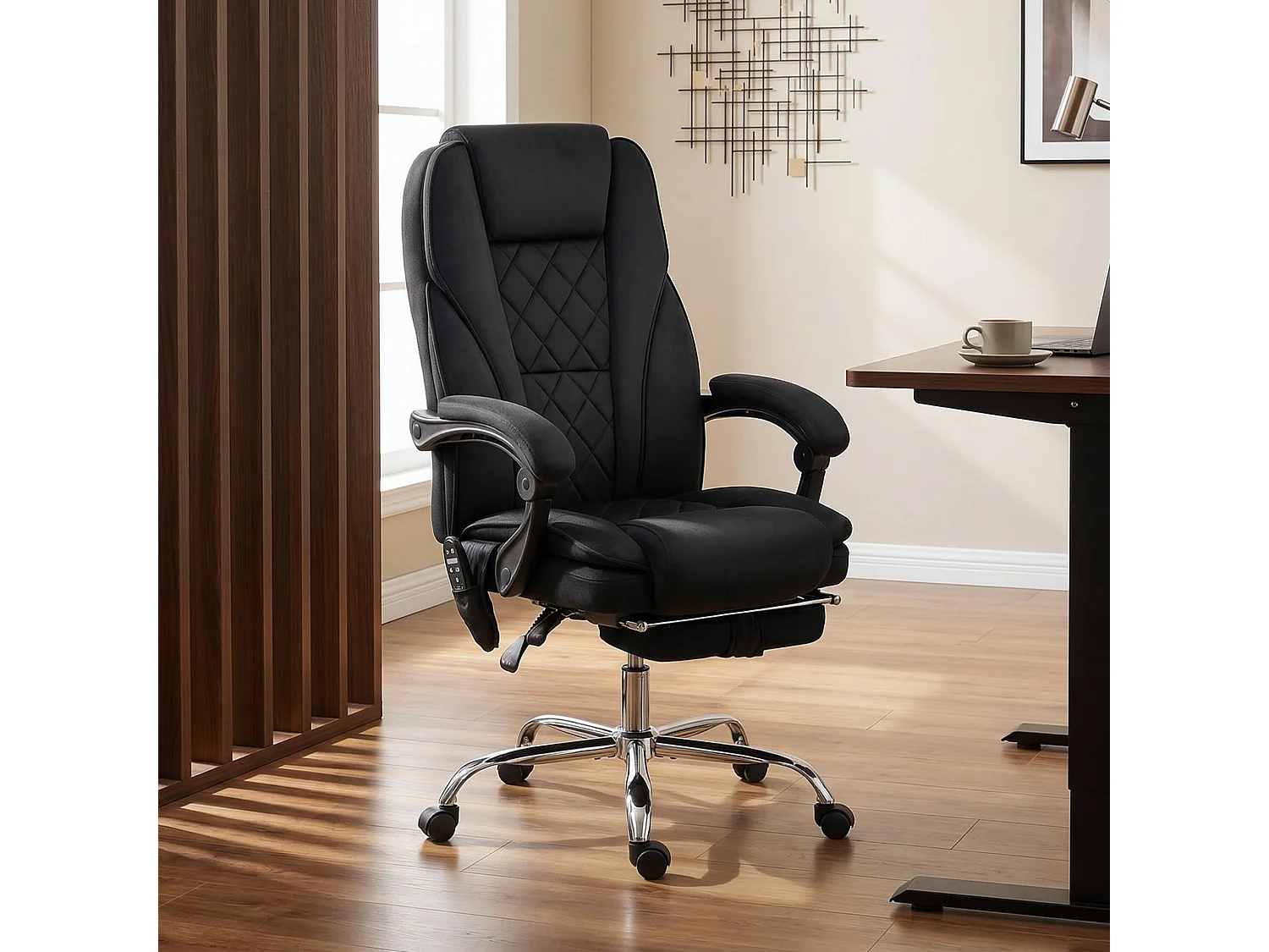 Fauteuil de bureau manager massant chauffant inclinable réglable télécommande repose-pieds rétractable velours noir