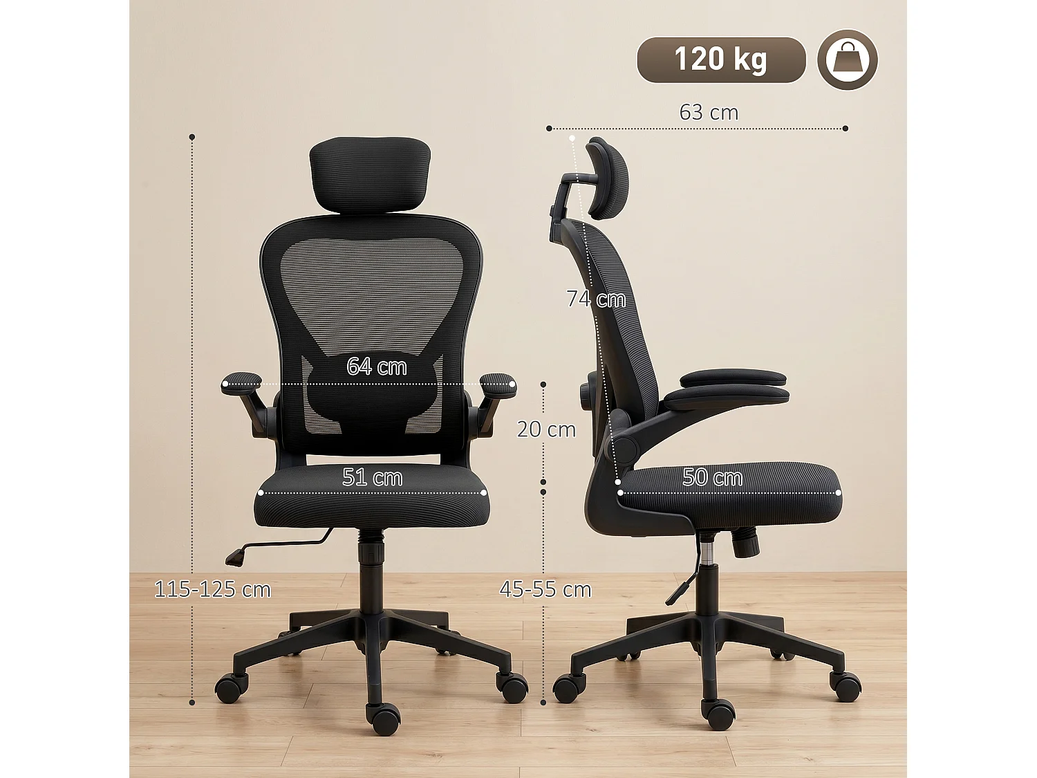 Chaise de bureau ergonomique inclinable réglable accoudoirs relevables maille résille noir