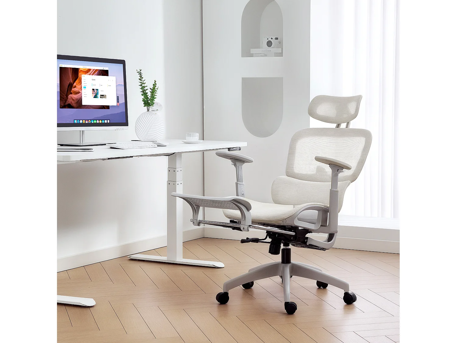 Fauteuil de bureau accoudoirs 3D dossier inclinable tissu maille écru