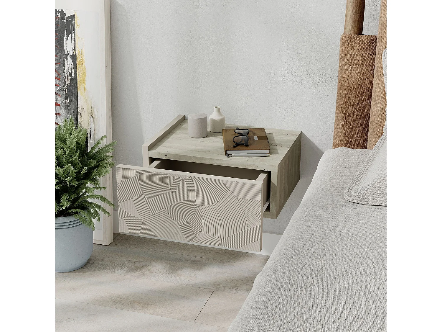Table de chevet en bois "Onda" - 38 x 31 x 18 cm - Beige