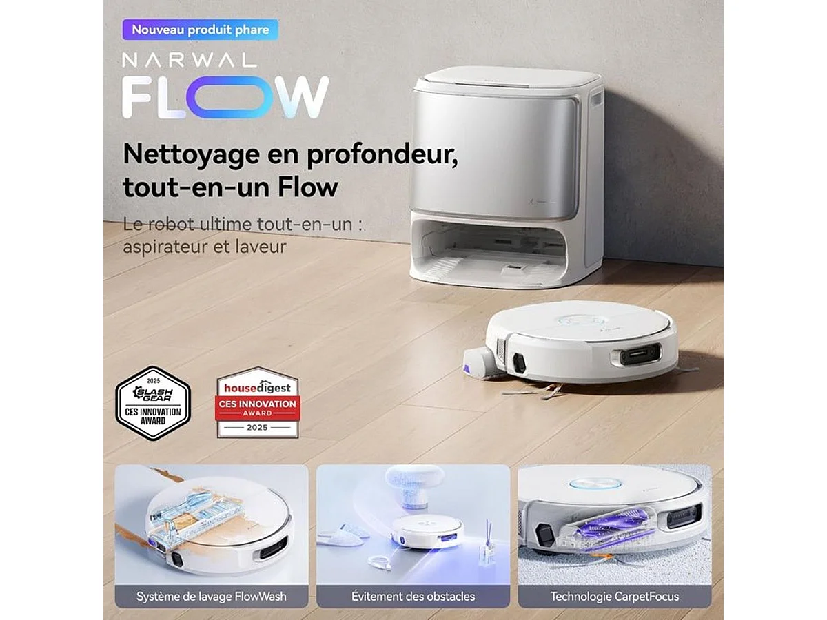 NARWAL Flow Aspirateur Laveur Robot Hybride – 22 000 Pa, Base FlowWash auto-nettoyante chauffée