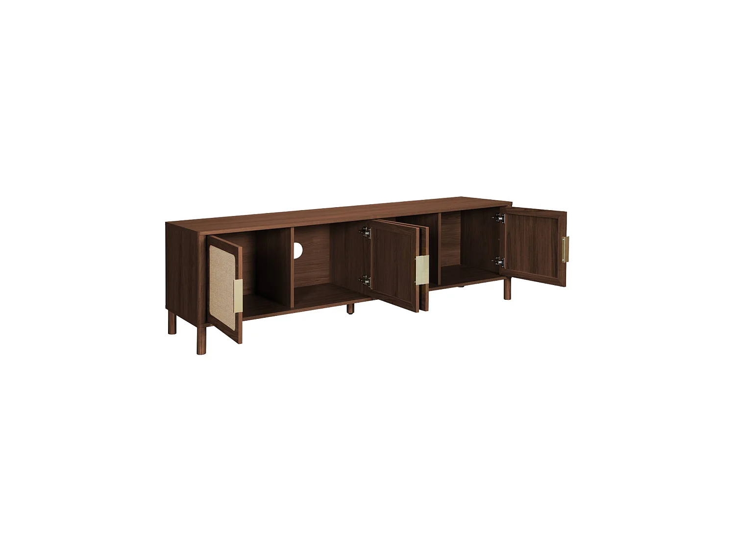 Mueble de tv vintage con decoración de madera y rejilla, 4 puertas,
