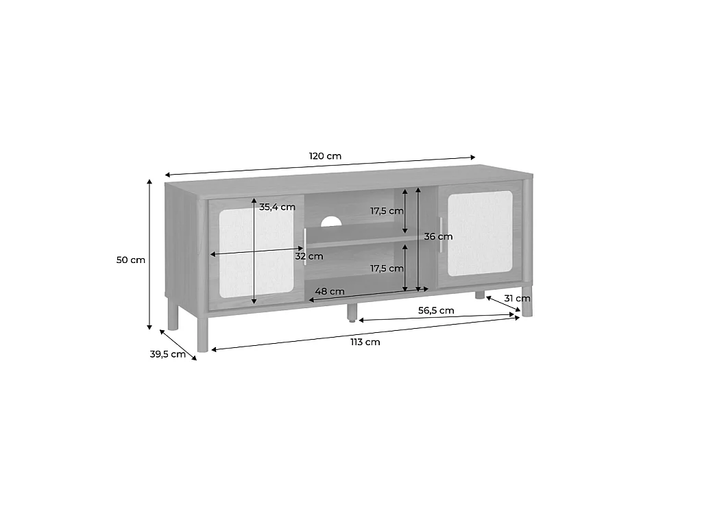 Meuble TV vintage décor bois et cannage 2 portes 120cm noyer - Etta