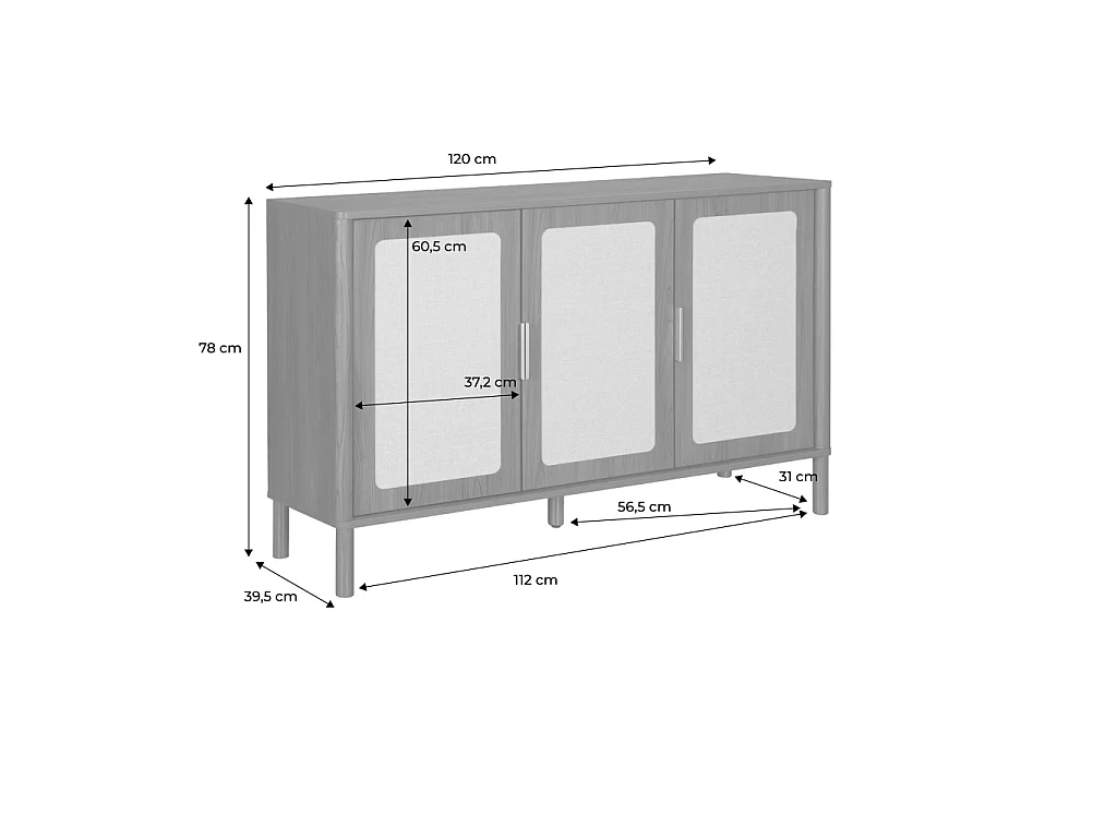 Buffet vintage décor bois et cannage 3 portes 120cm noyer - Etta
