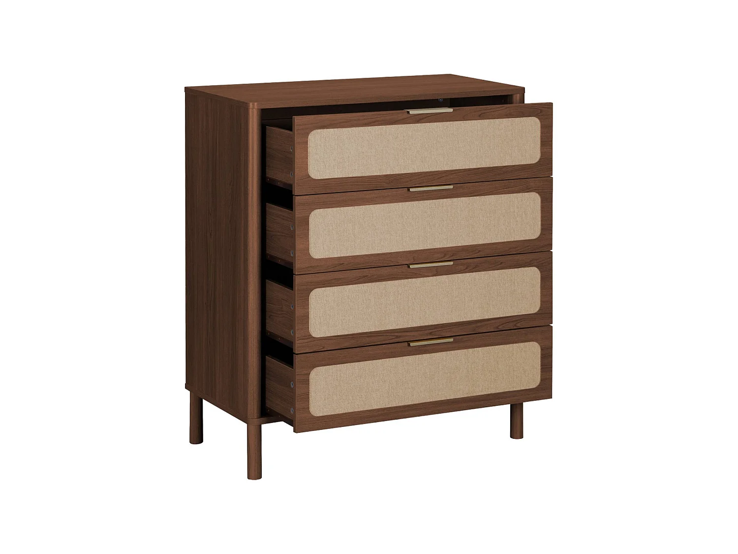Commode vintage décor bois et cannage 4 tiroirs noyer - Etta