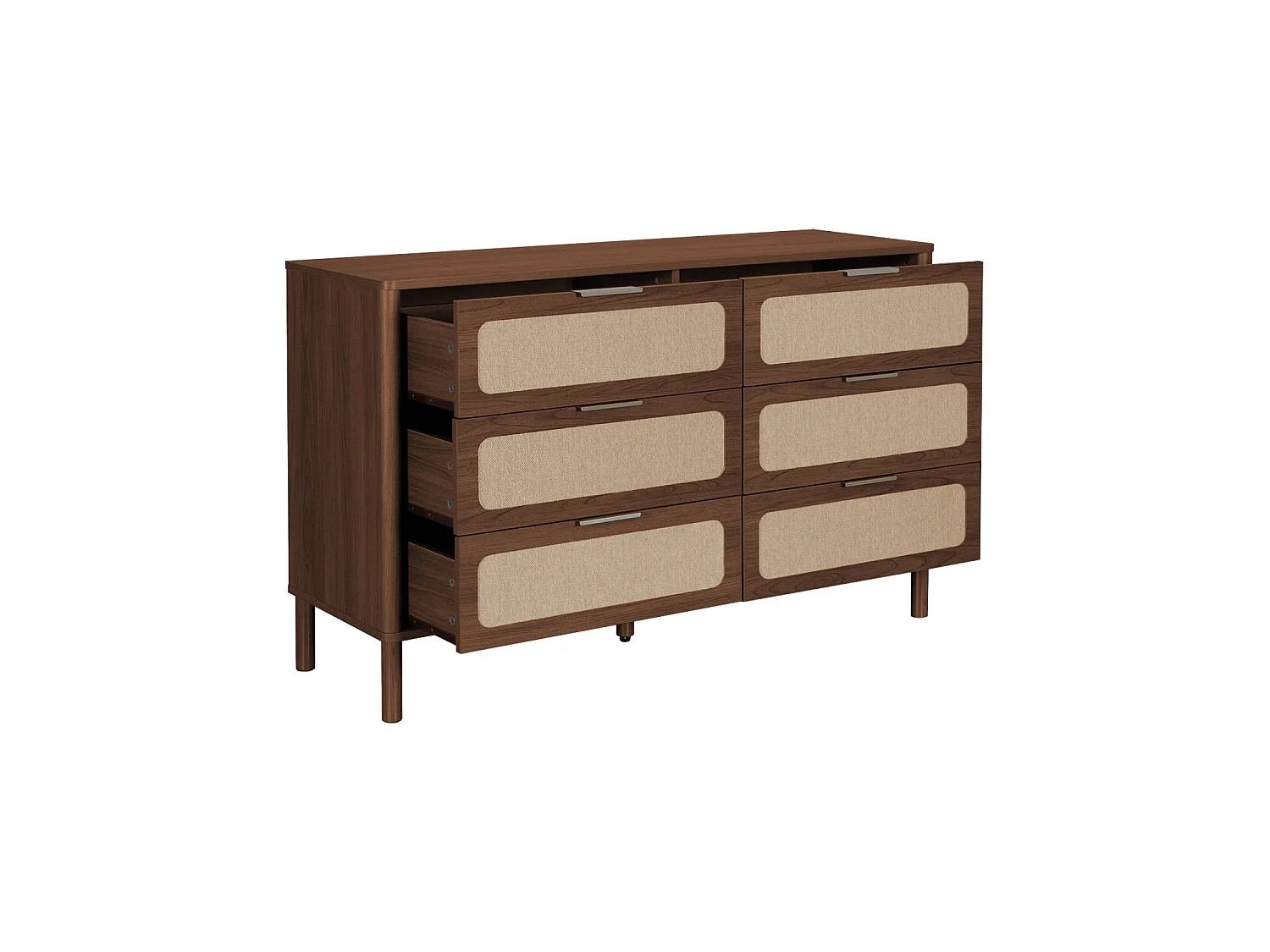 Commode vintage décor bois et cannage 6 tiroirs noyer - Etta