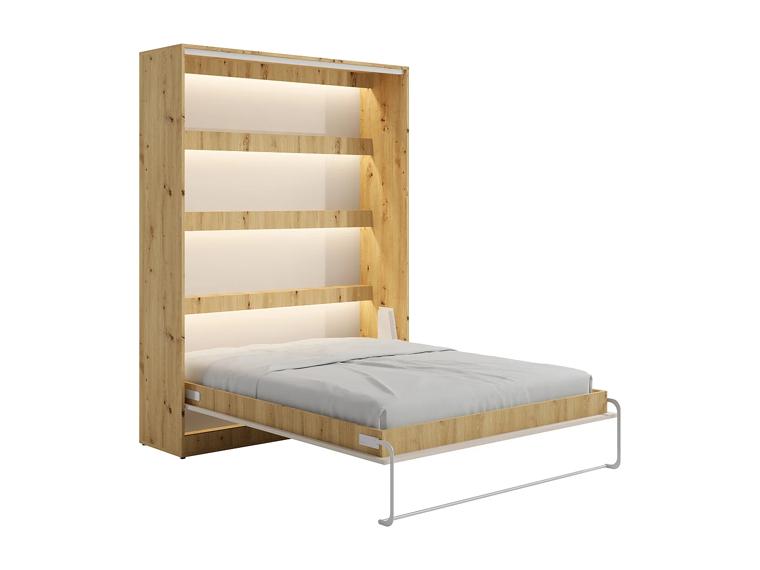 Lit escamotable 140 x 200 cm - Ouverture verticale manuelle - Avec LEDs – Beige et naturel + Matelas - RAPILI