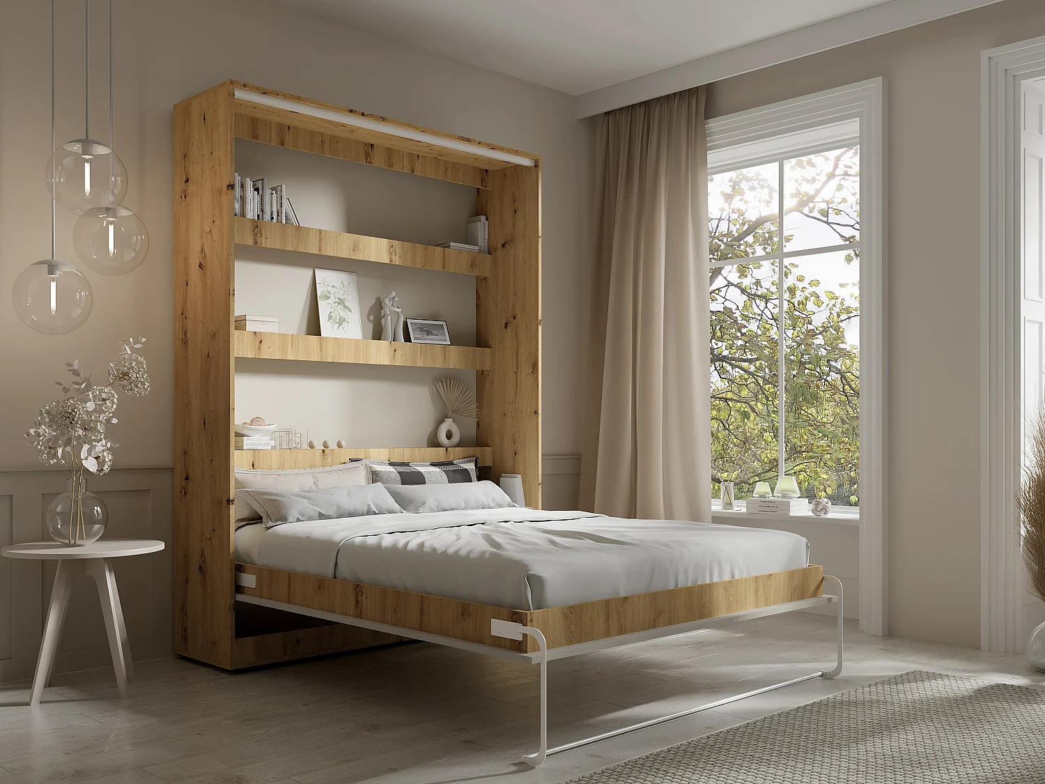 Lit escamotable 140 x 200 cm - Ouverture verticale manuelle - Avec LEDs – Beige et naturel + Matelas - RAPILI