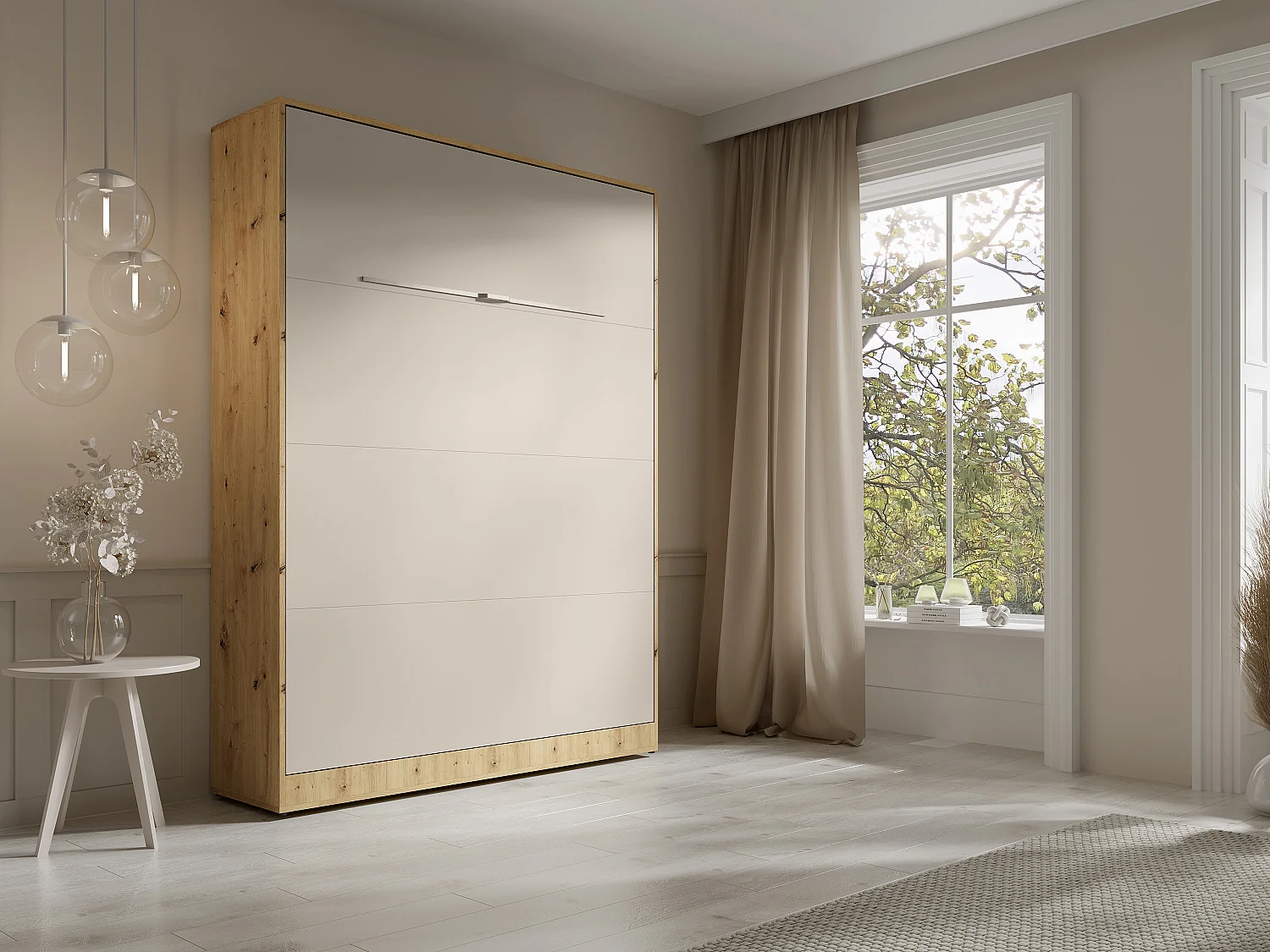 Lit escamotable 140 x 200 cm - Ouverture verticale manuelle - Avec LEDs – Beige et naturel + Matelas - RAPILI