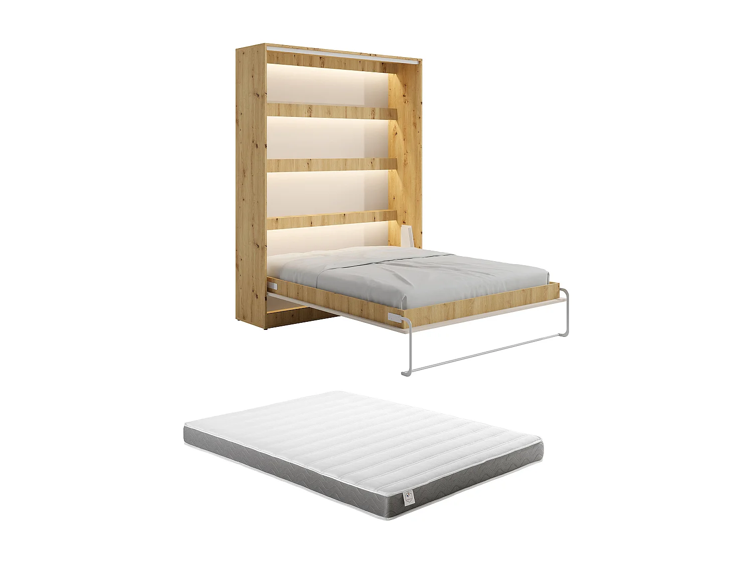Lit escamotable 140 x 200 cm - Ouverture verticale manuelle - Avec LEDs – Beige et naturel + Matelas - RAPILI
