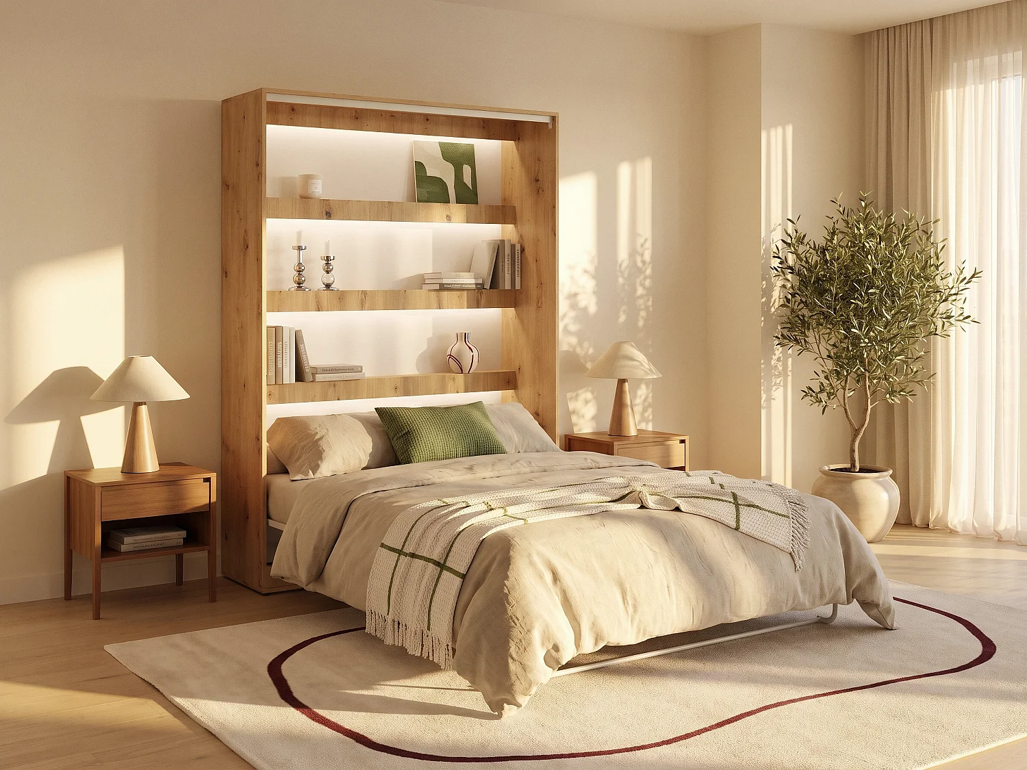 Wall bed 140 x 200 cm - manual vertical opening - with LED lighting - beige and natural + mattress - RAPILI
