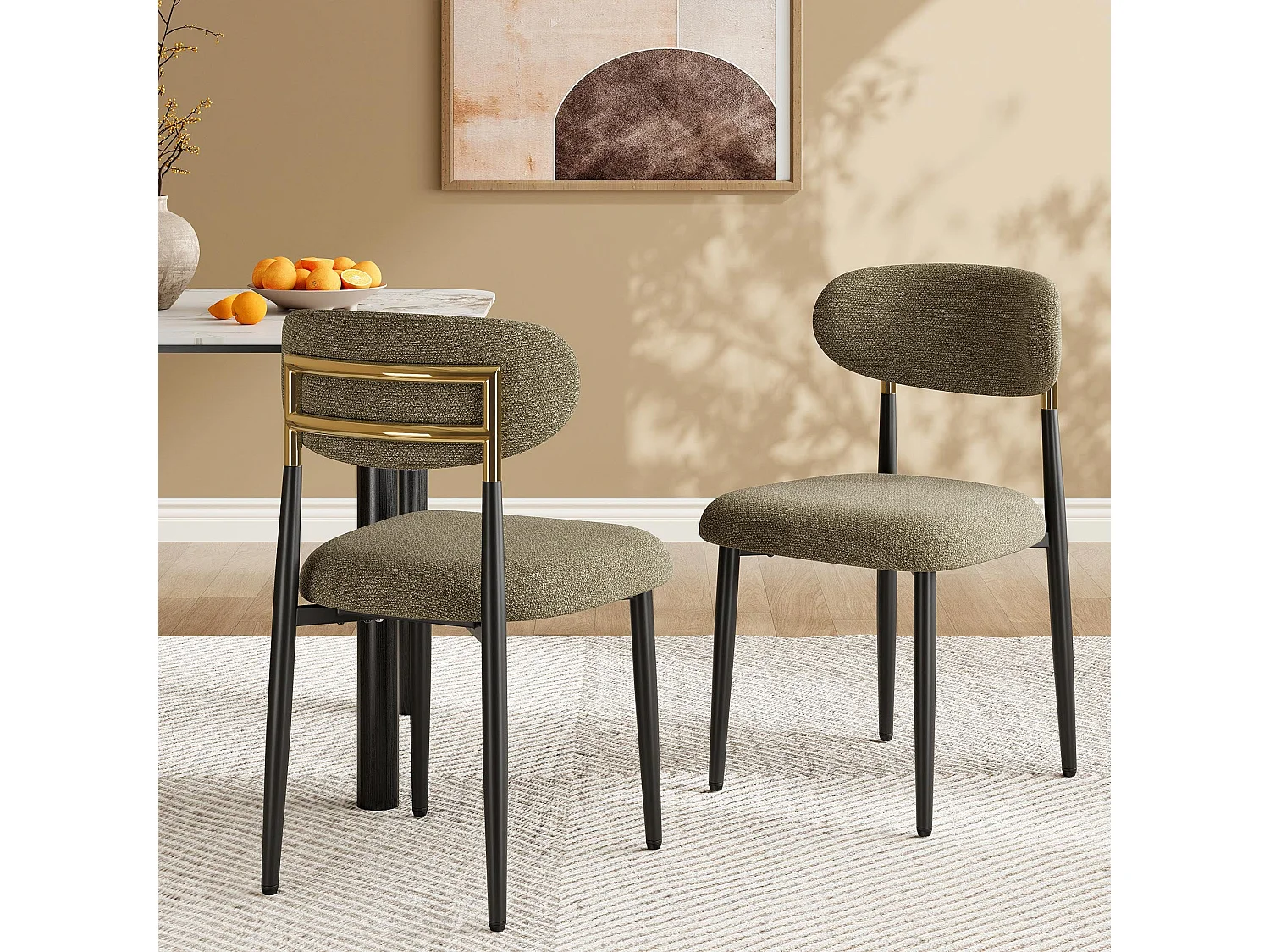 Lot de 2 chaises de salle à manger en tissu rembourrées, dossier arrondi avec cadre doré, pieds métal, marron