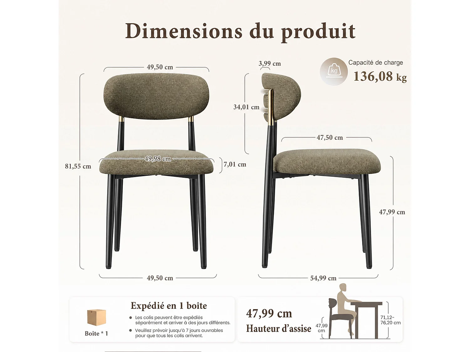 Lot de 2 chaises de salle à manger en tissu rembourrées, dossier arrondi avec cadre doré, pieds métal, marron