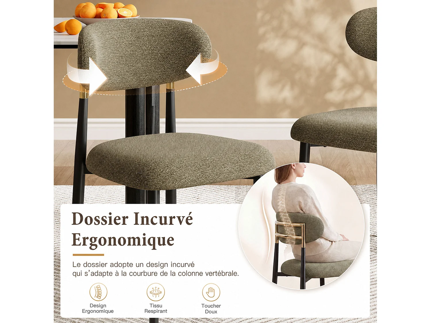 Lot de 2 chaises de salle à manger en tissu rembourrées, dossier arrondi avec cadre doré, pieds métal, marron