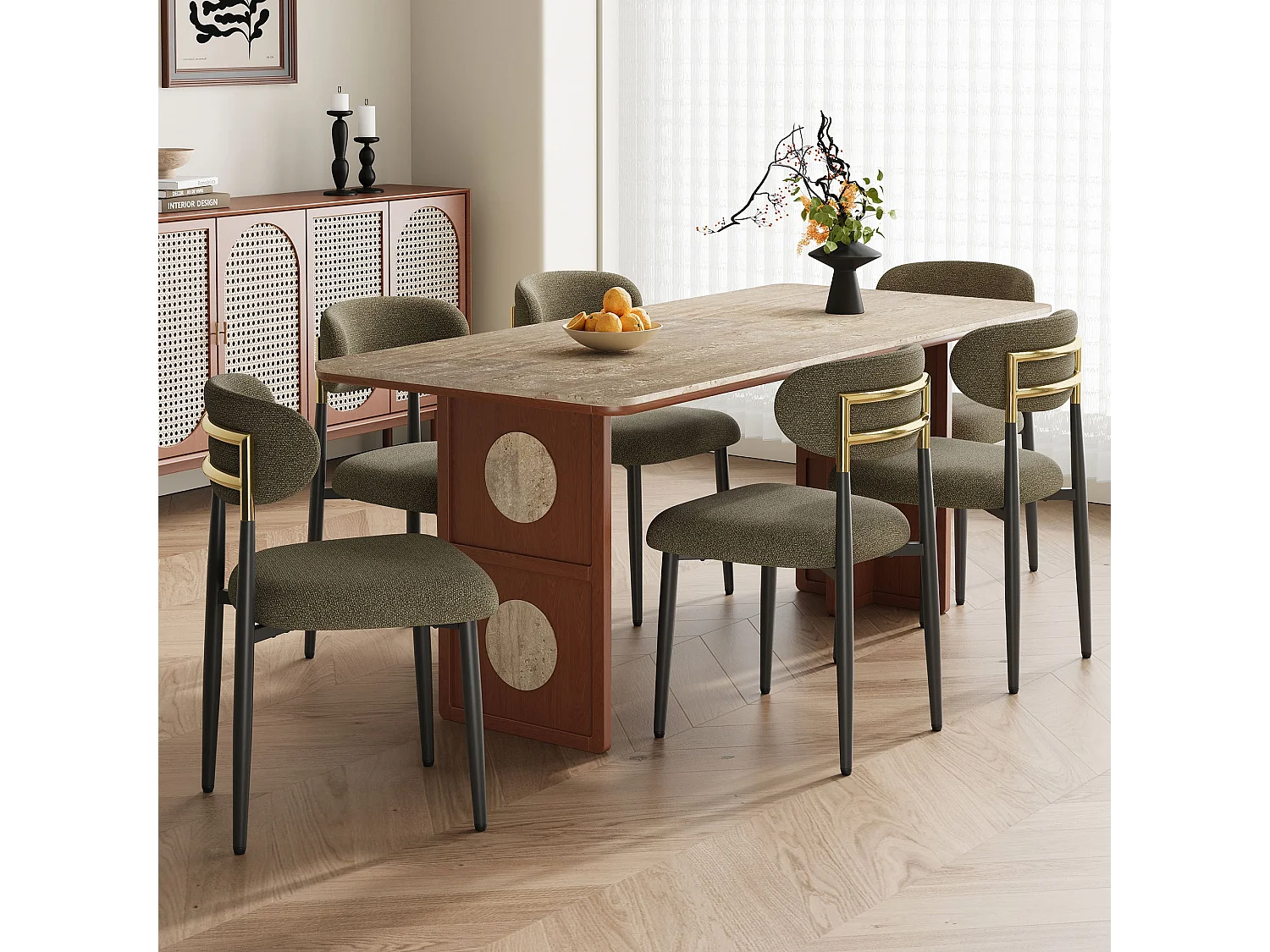 Lot de 2 chaises de salle à manger en tissu rembourrées, dossier arrondi avec cadre doré, pieds métal, marron