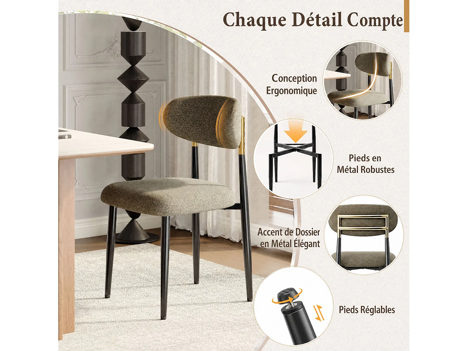Lot de 2 chaises de salle à manger en tissu rembourrées, dossier arrondi avec cadre doré, pieds métal, marron