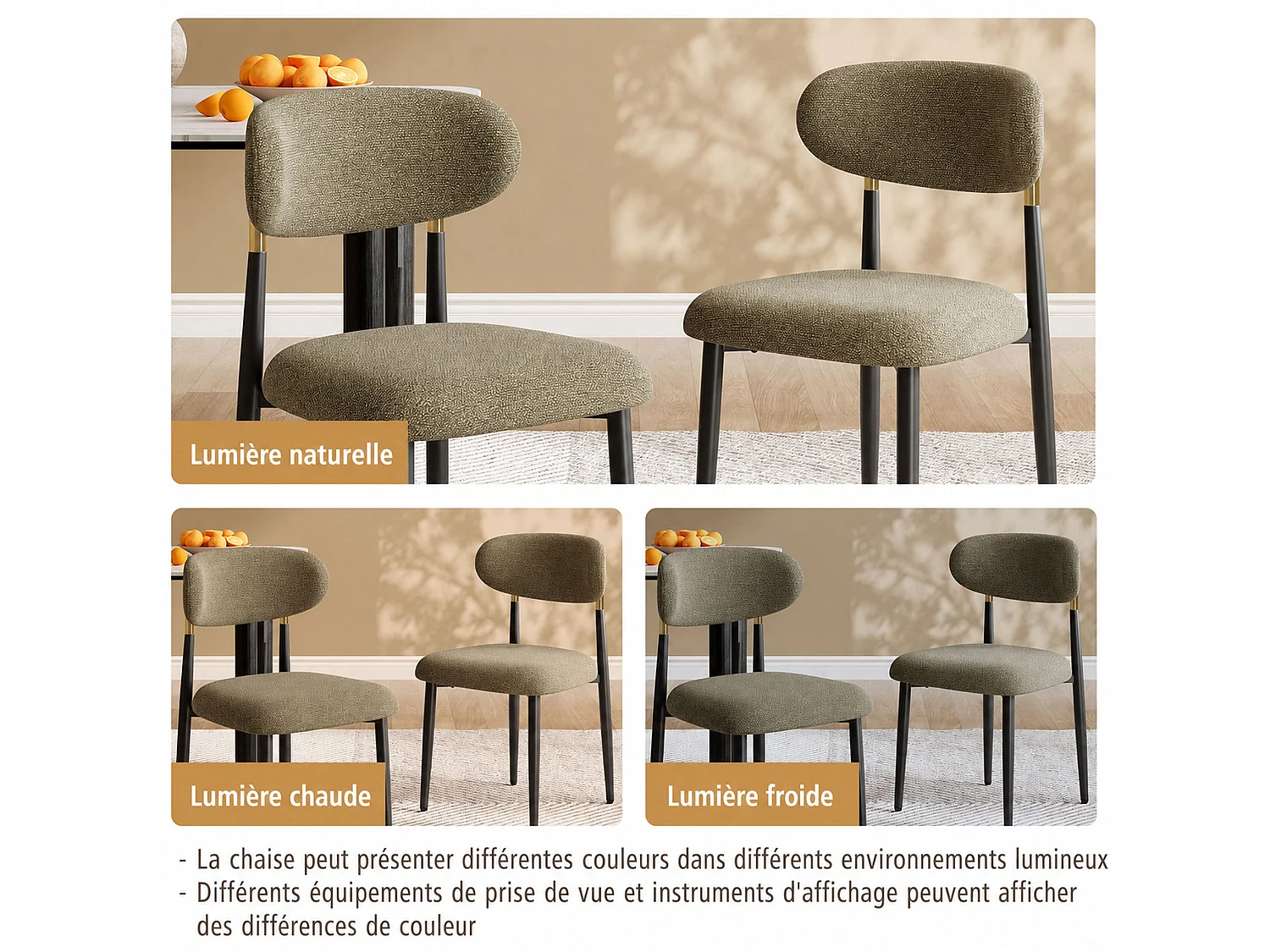 Lot de 2 chaises de salle à manger en tissu rembourrées, dossier arrondi avec cadre doré, pieds métal, marron