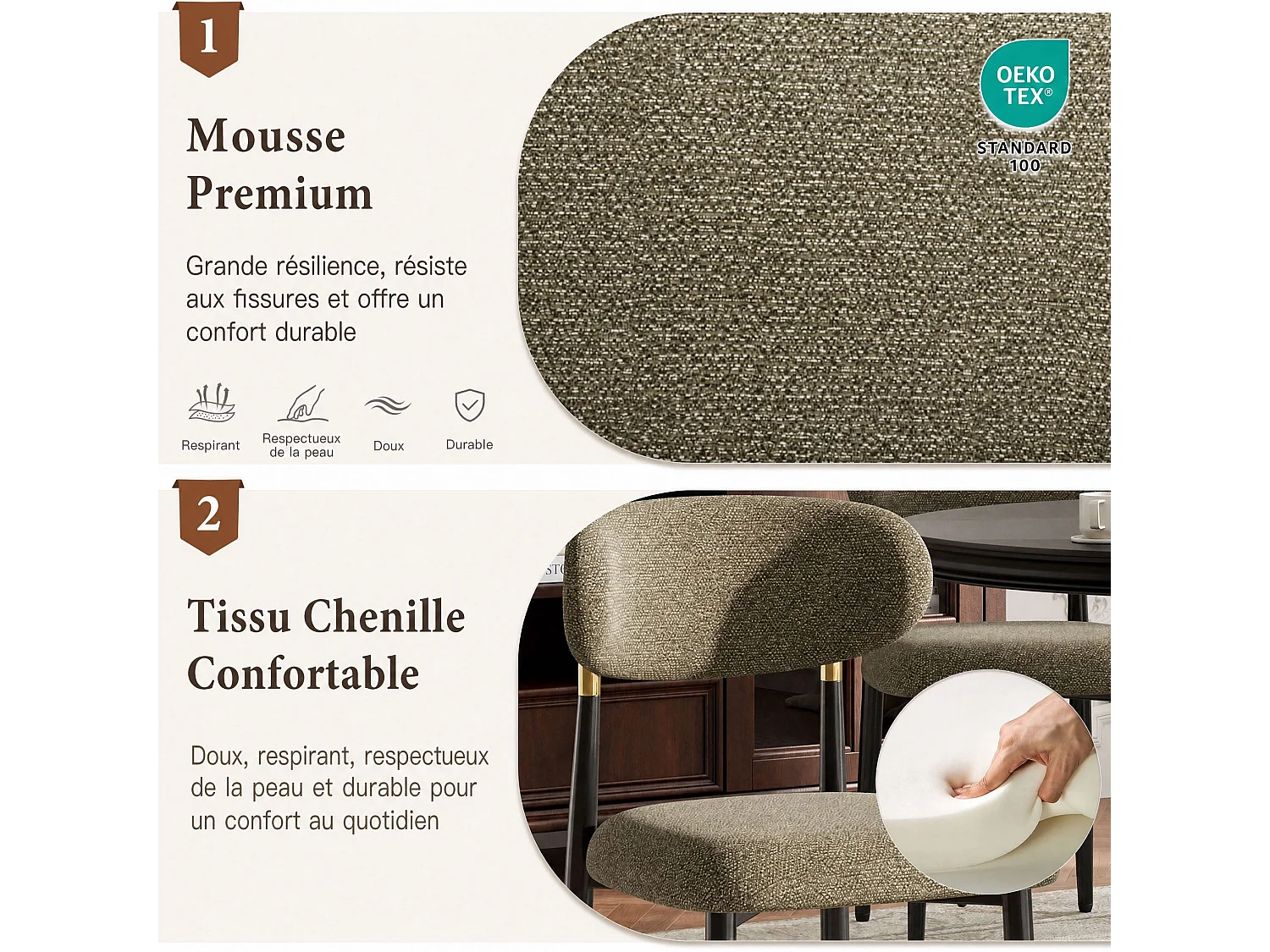 Lot de 2 chaises de salle à manger en tissu rembourrées, dossier arrondi avec cadre doré, pieds métal, marron