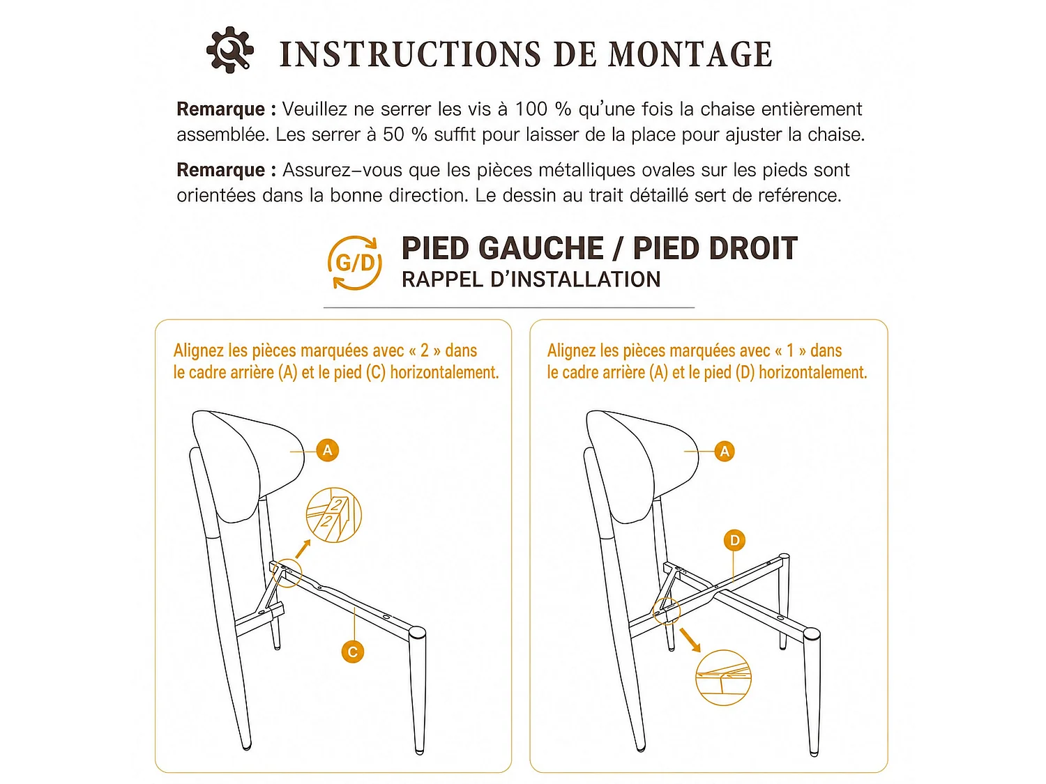 Lot de 2 chaises de salle à manger en tissu rembourrées, dossier arrondi avec cadre doré, pieds métal, marron