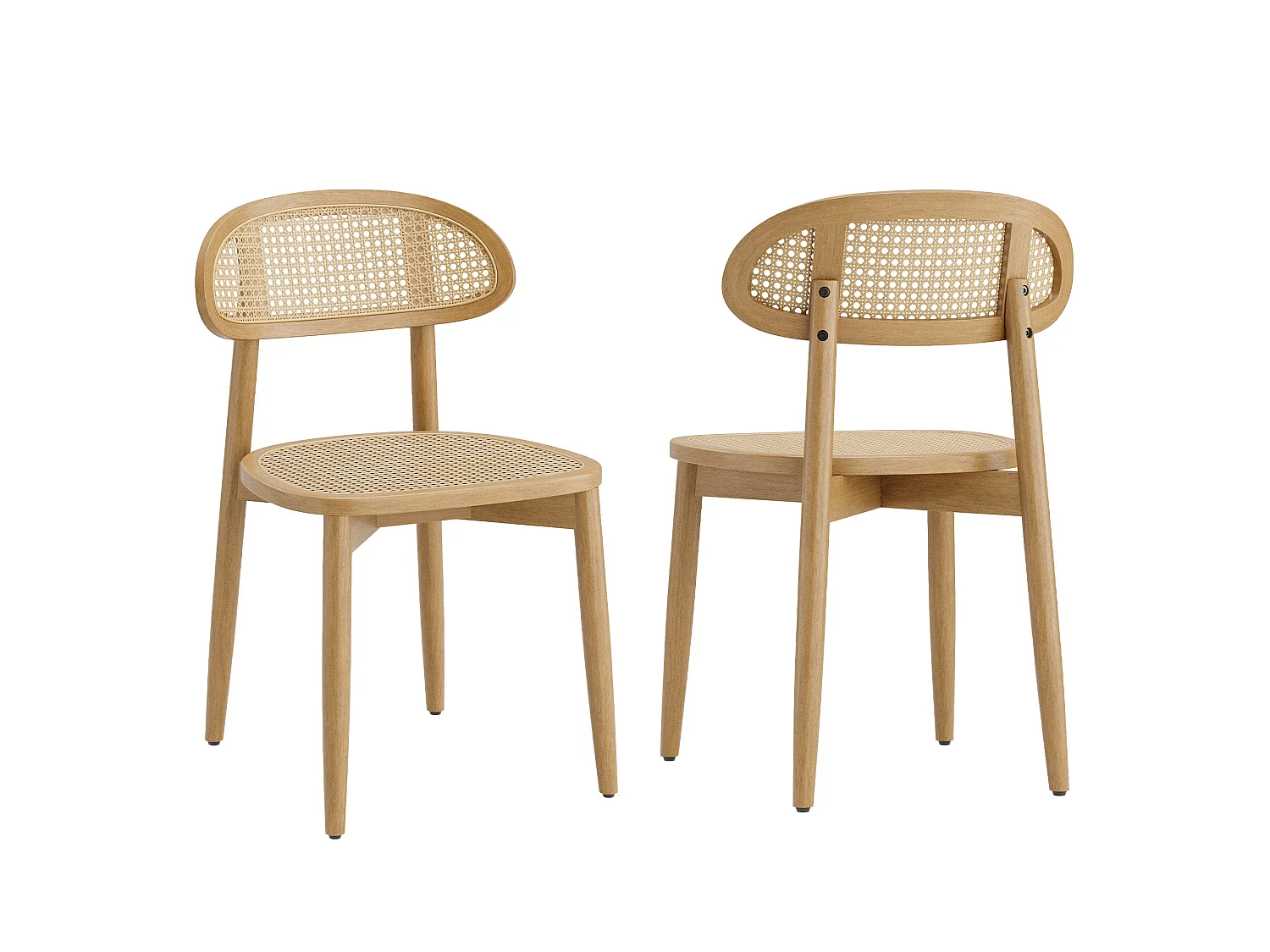 Lot de 2 chaises de salle à manger en rotin synthétique tressé et respirant, structure en bois massif, dossier incurvé, coloris bois clair naturel