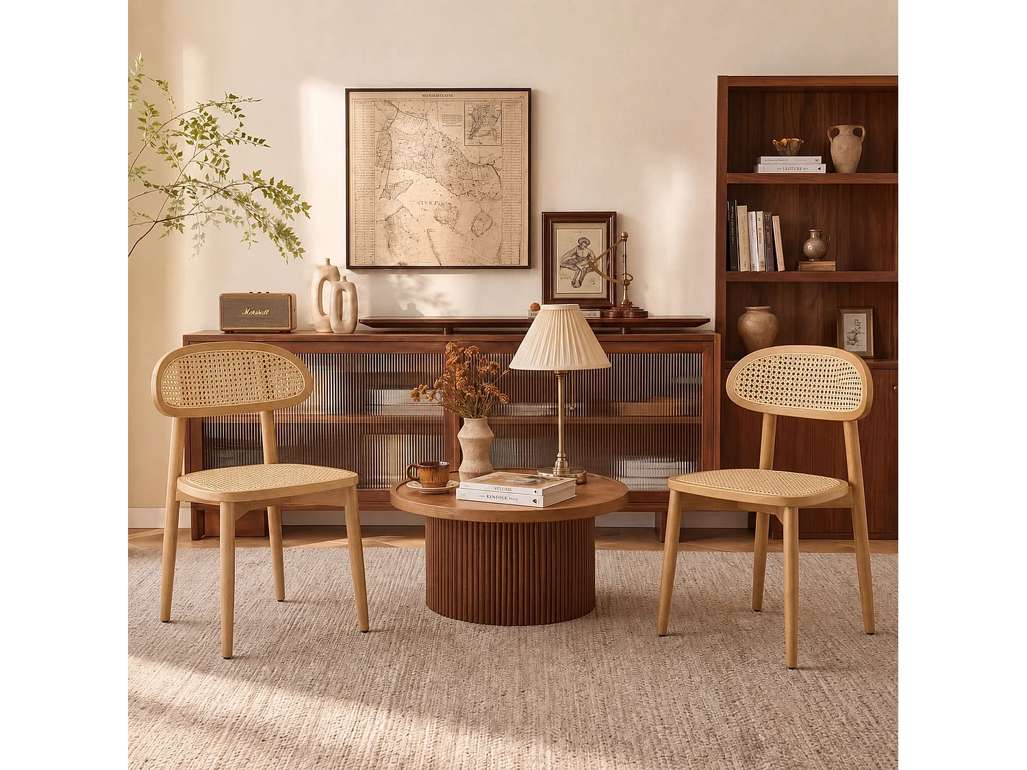 Lot de 2 chaises de salle à manger en rotin synthétique tressé et respirant, structure en bois massif, dossier incurvé, coloris bois clair naturel