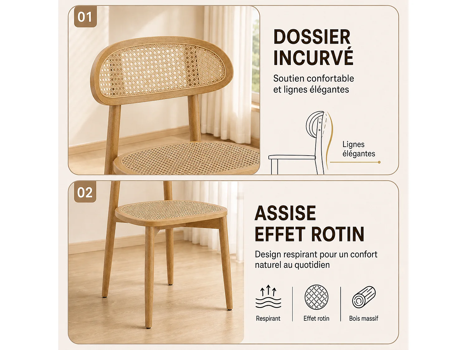 Lot de 2 chaises de salle à manger en rotin synthétique tressé et respirant, structure en bois massif, dossier incurvé, coloris bois clair naturel