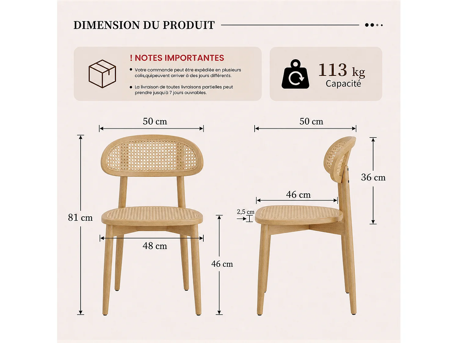 Lot de 2 chaises de salle à manger en rotin synthétique tressé et respirant, structure en bois massif, dossier incurvé, coloris bois clair naturel
