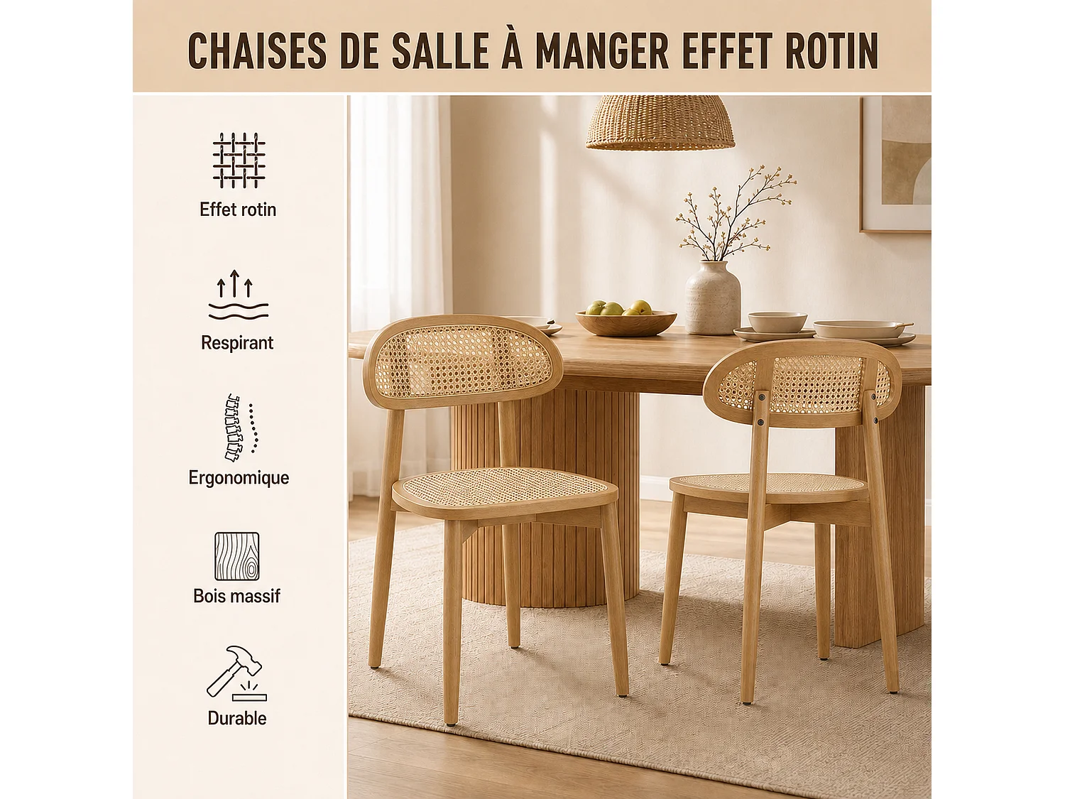 Lot de 2 chaises de salle à manger en rotin synthétique tressé et respirant, structure en bois massif, dossier incurvé, coloris bois clair naturel