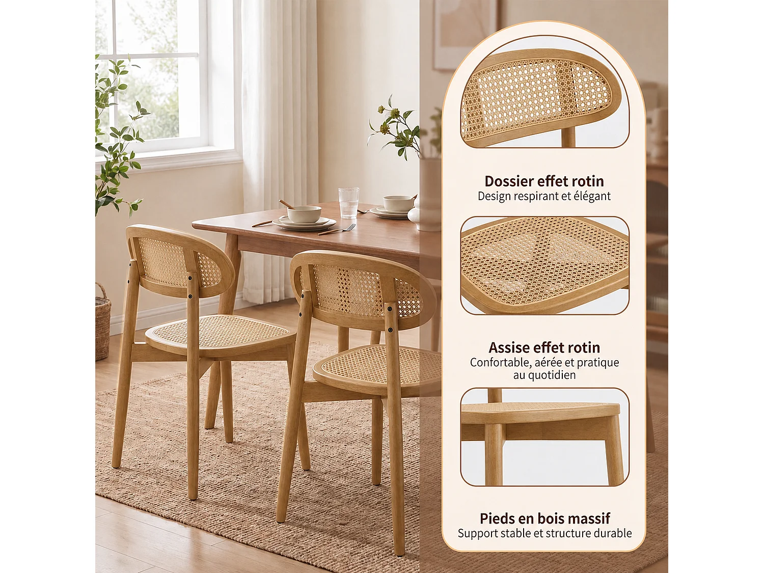 Lot de 2 chaises de salle à manger en rotin synthétique tressé et respirant, structure en bois massif, dossier incurvé, coloris bois clair naturel