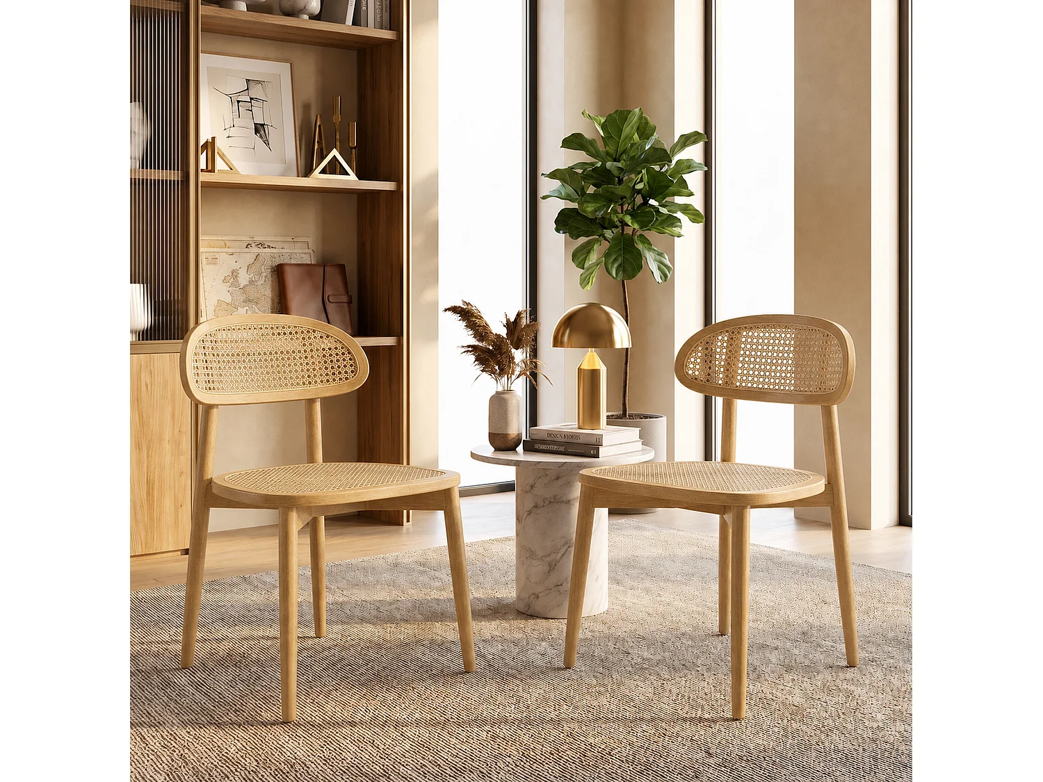 Lot de 2 chaises de salle à manger en rotin synthétique tressé et respirant, structure en bois massif, dossier incurvé, coloris bois clair naturel