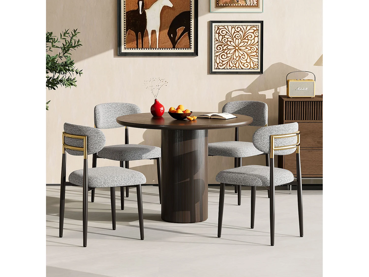 Lot de 2 chaises de salle à manger en tissu rembourrées, dossier arrondi avec cadre doré, pieds métal, gris