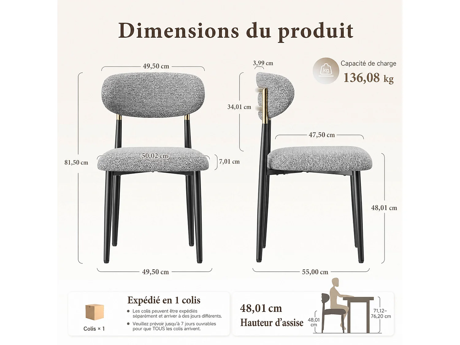 Lot de 2 chaises de salle à manger en tissu rembourrées, dossier arrondi avec cadre doré, pieds métal, gris
