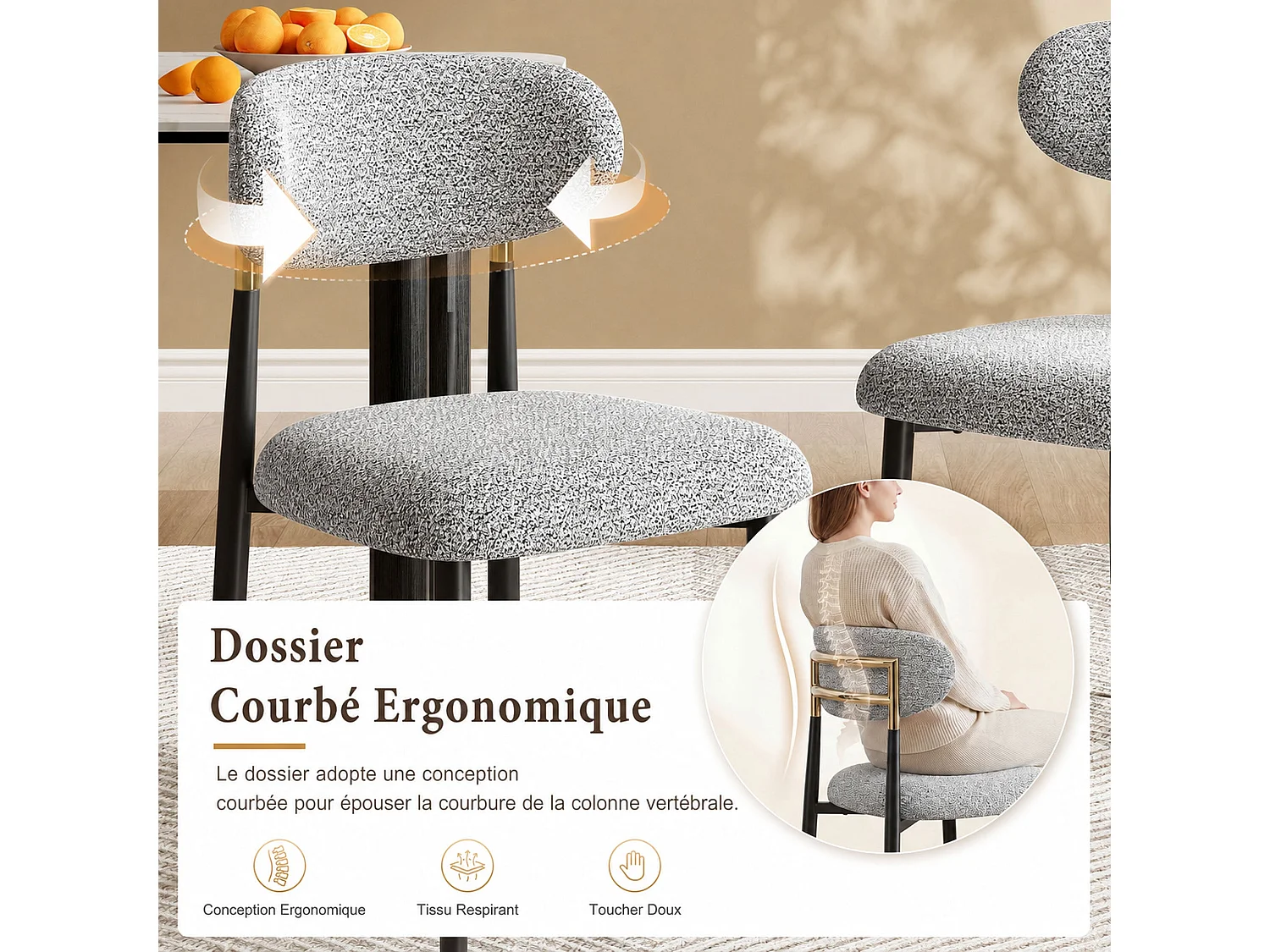 Lot de 2 chaises de salle à manger en tissu rembourrées, dossier arrondi avec cadre doré, pieds métal, gris