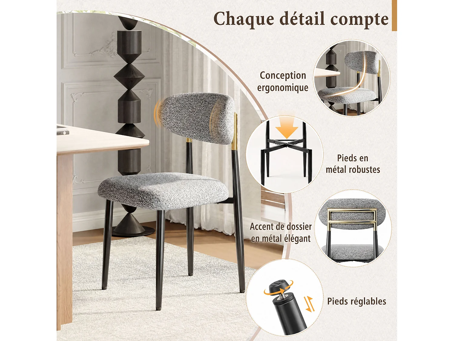 Lot de 2 chaises de salle à manger en tissu rembourrées, dossier arrondi avec cadre doré, pieds métal, gris