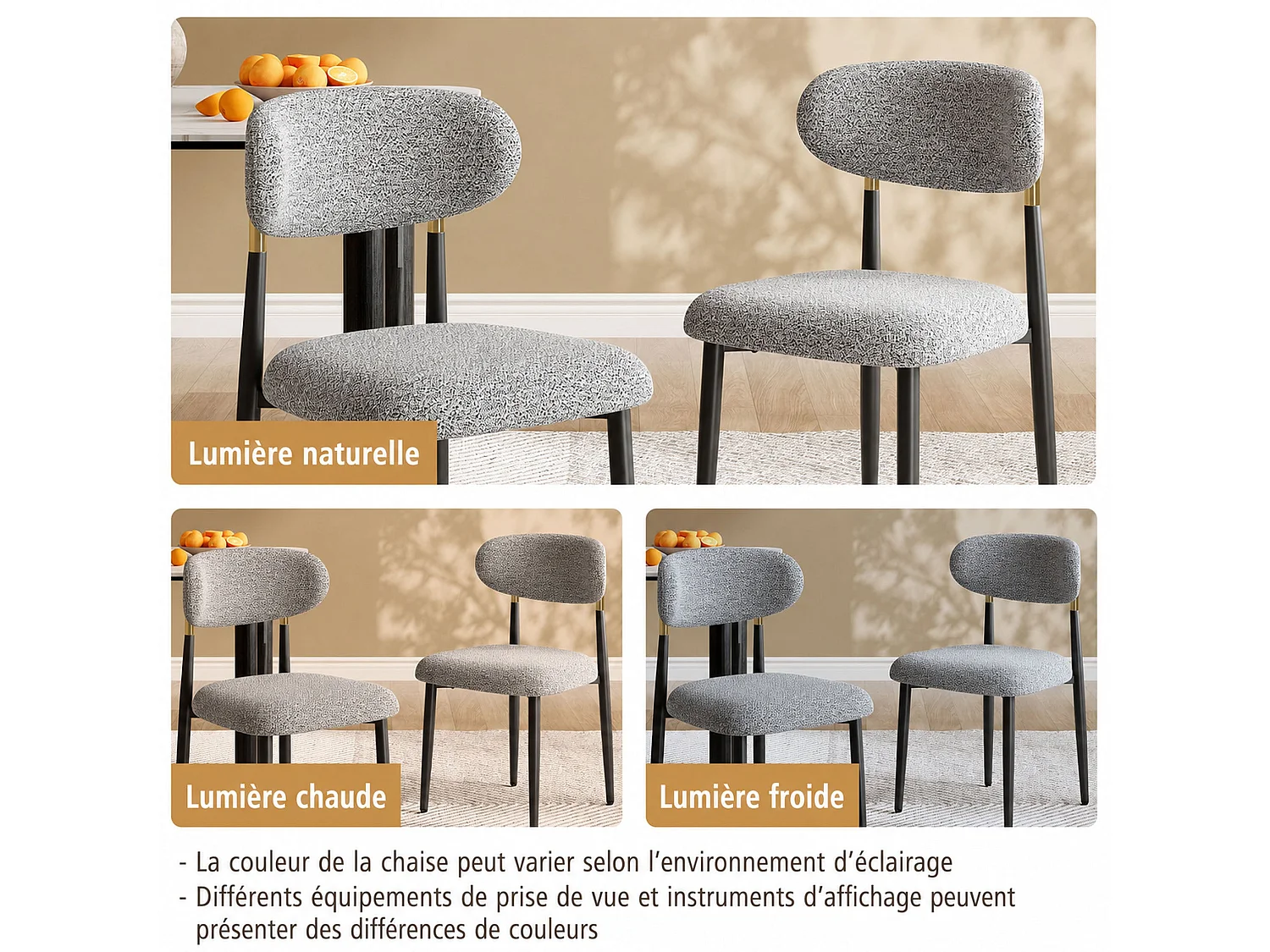 Lot de 2 chaises de salle à manger en tissu rembourrées, dossier arrondi avec cadre doré, pieds métal, gris