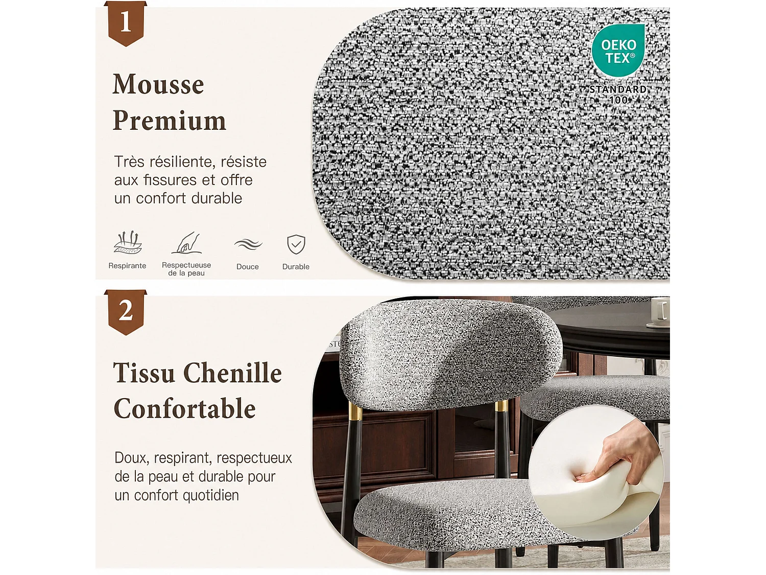 Lot de 2 chaises de salle à manger en tissu rembourrées, dossier arrondi avec cadre doré, pieds métal, gris