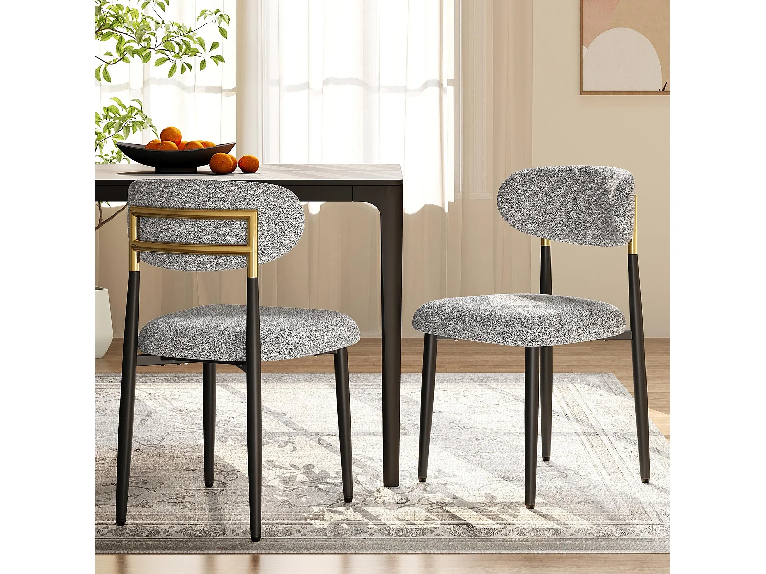 Lot de 2 chaises de salle à manger en tissu rembourrées, dossier arrondi avec cadre doré, pieds métal, gris