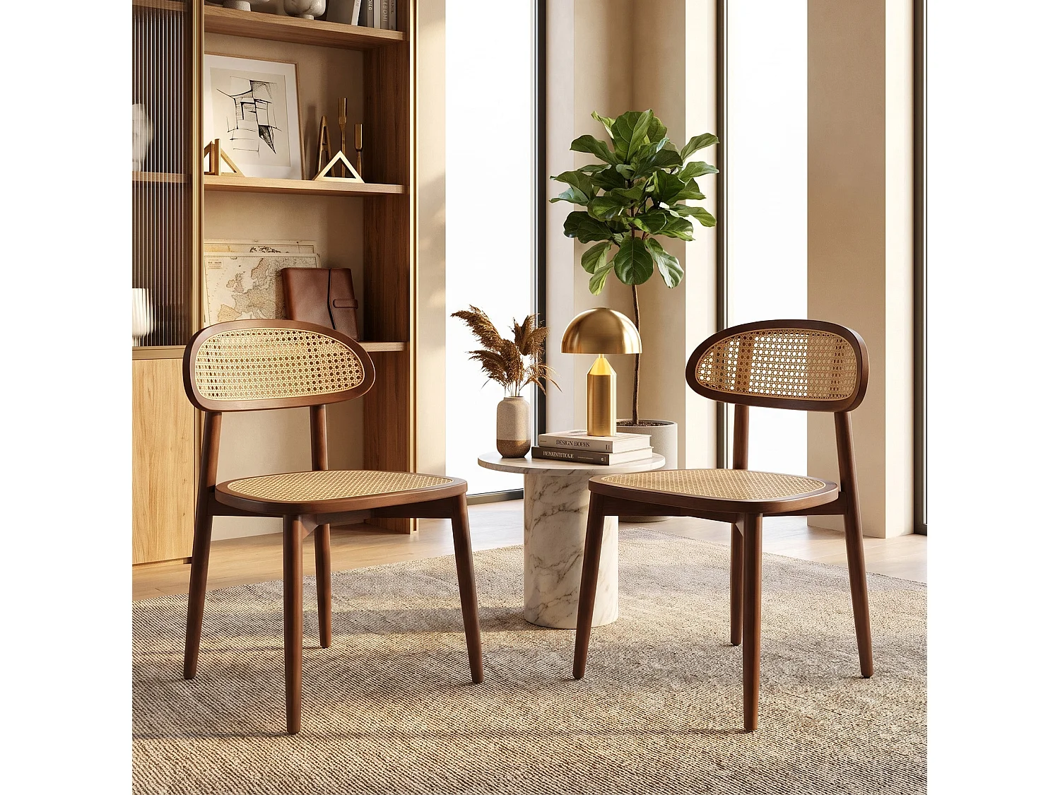 Lot de 2 chaises de salle à manger en rotin synthétique tressé et respirant, structure en bois massif, dossier incurvé, coloris bois noyer
