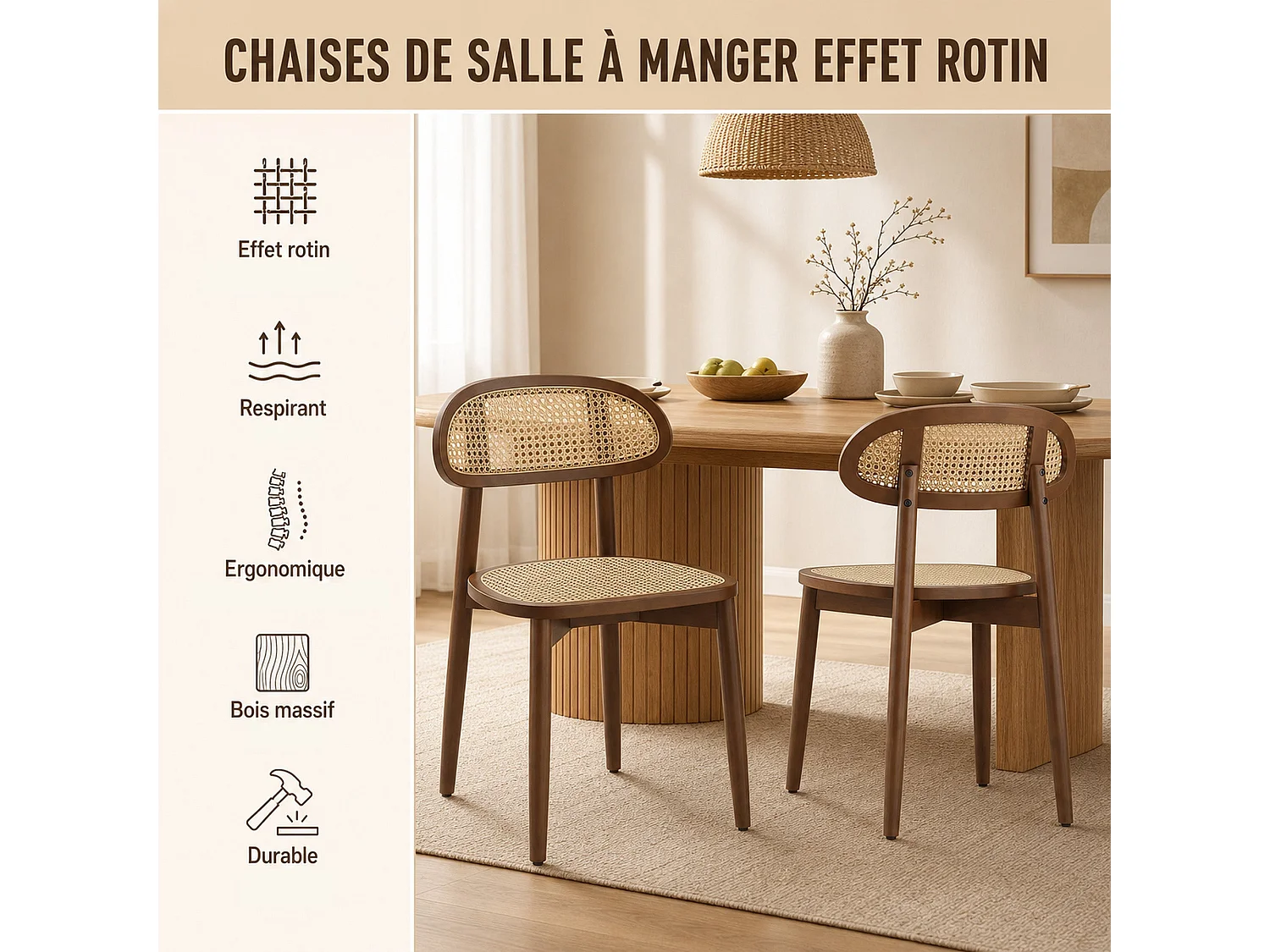 Lot de 2 chaises de salle à manger en rotin synthétique tressé et respirant, structure en bois massif, dossier incurvé, coloris bois noyer