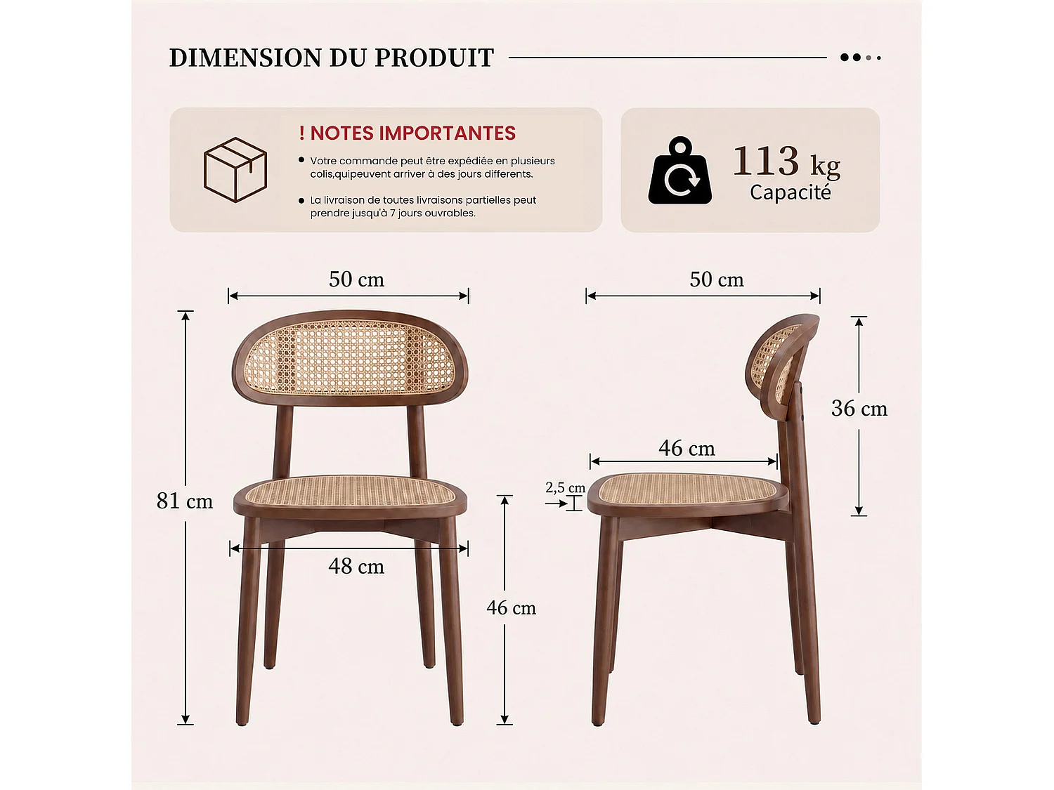 Lot de 2 chaises de salle à manger en rotin synthétique tressé et respirant, structure en bois massif, dossier incurvé, coloris bois noyer