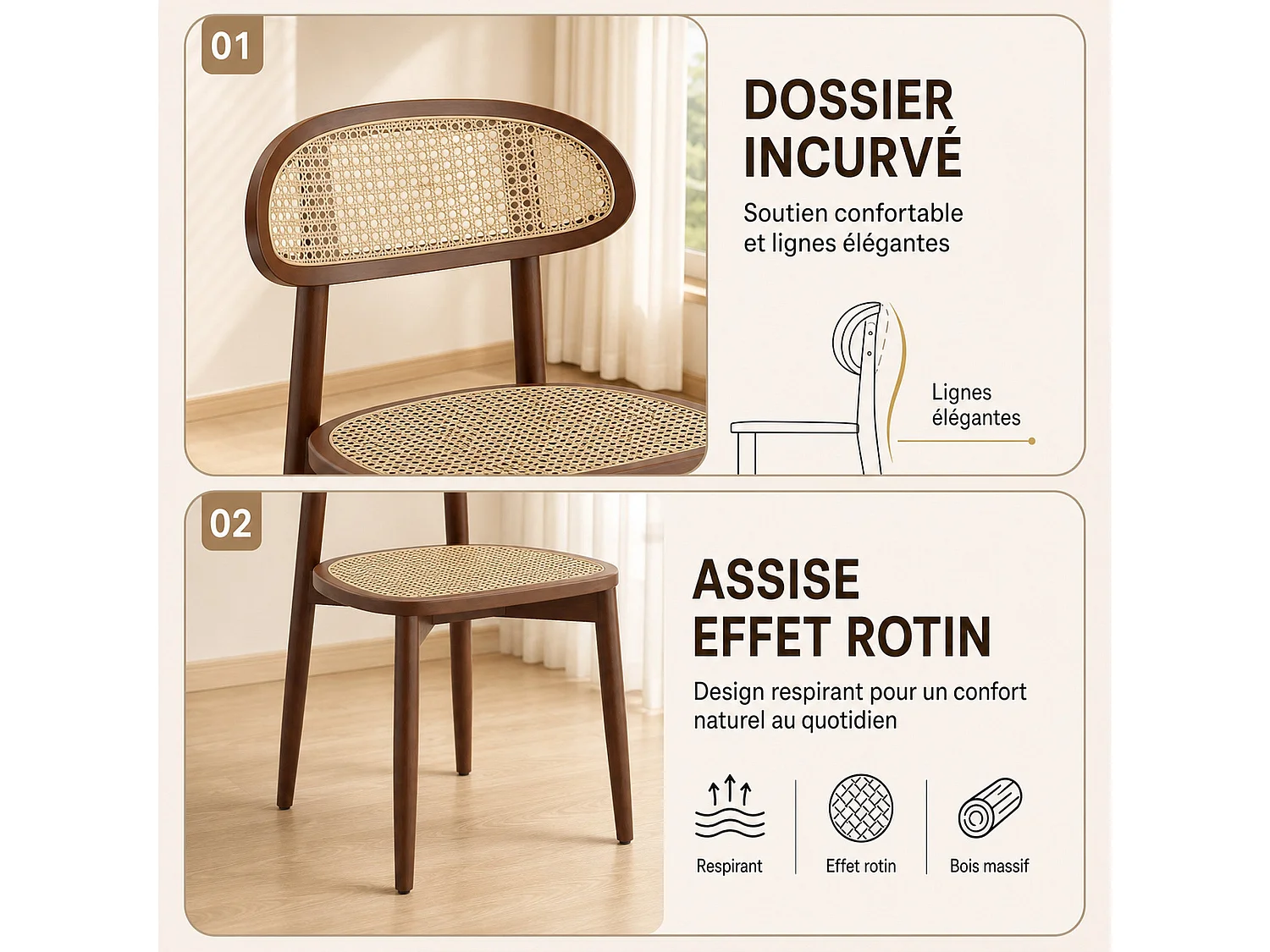 Lot de 2 chaises de salle à manger en rotin synthétique tressé et respirant, structure en bois massif, dossier incurvé, coloris bois noyer