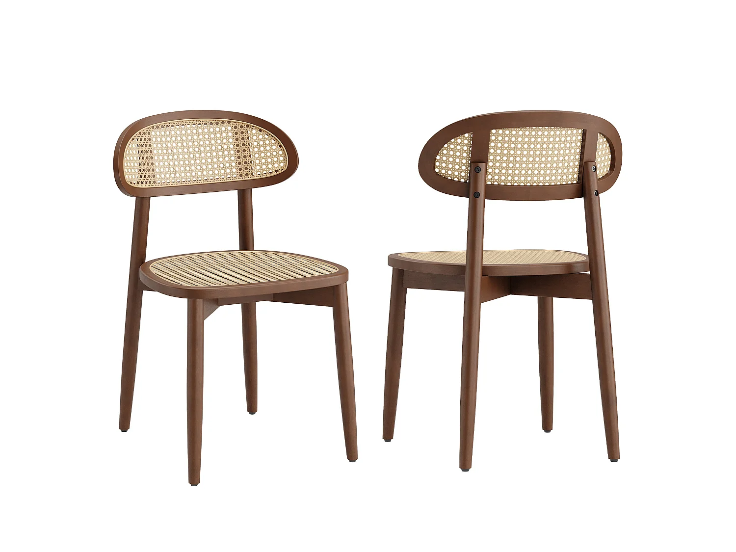 Lot de 2 chaises de salle à manger en rotin synthétique tressé et respirant, structure en bois massif, dossier incurvé, coloris bois noyer