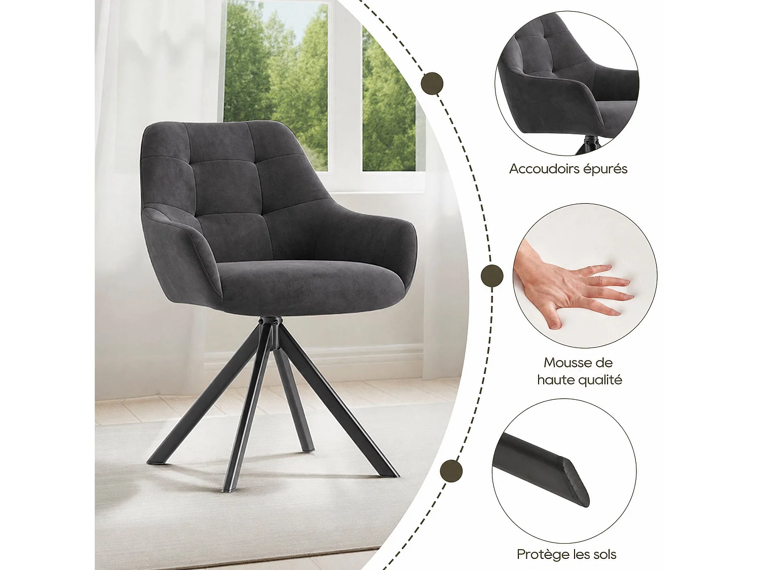 Lot de 2 chaises de salle à manger pivotantes 360° | Demi-accoudoirs, base métallique, gris