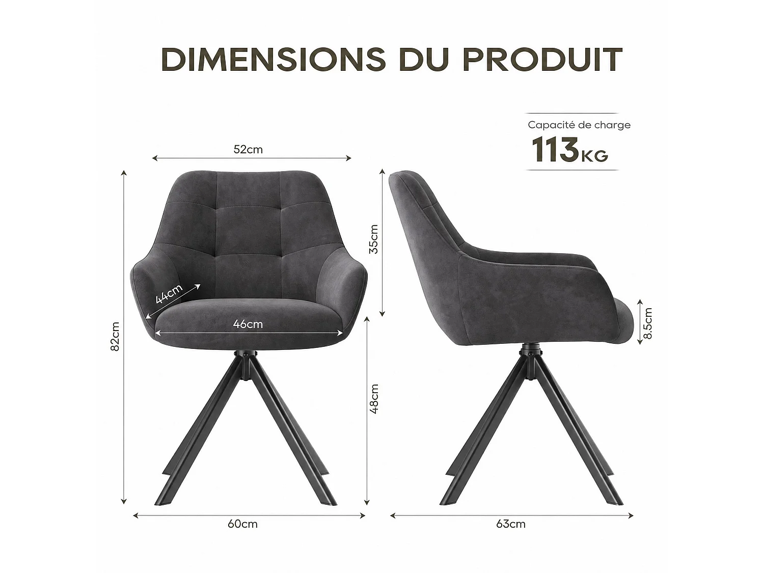 Lot de 2 chaises de salle à manger pivotantes 360° | Demi-accoudoirs, base métallique, gris