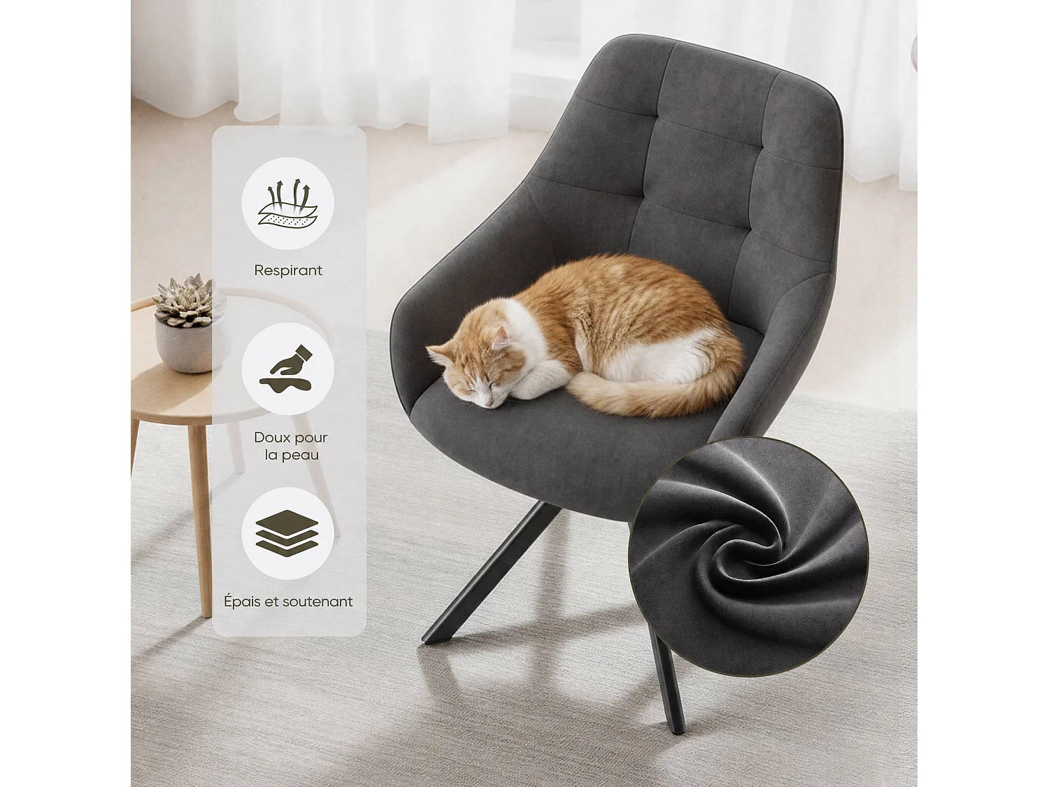 Lot de 2 chaises de salle à manger pivotantes 360° | Demi-accoudoirs, base métallique, gris
