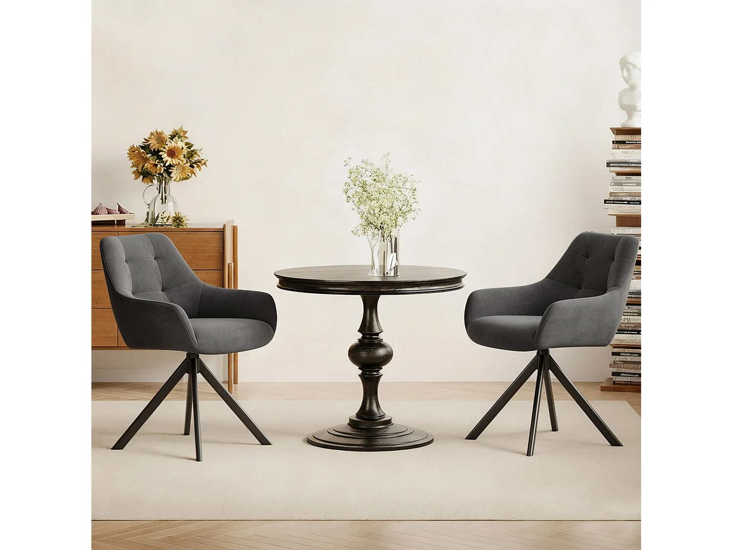 Lot de 2 chaises de salle à manger pivotantes 360° | Demi-accoudoirs, base métallique, gris