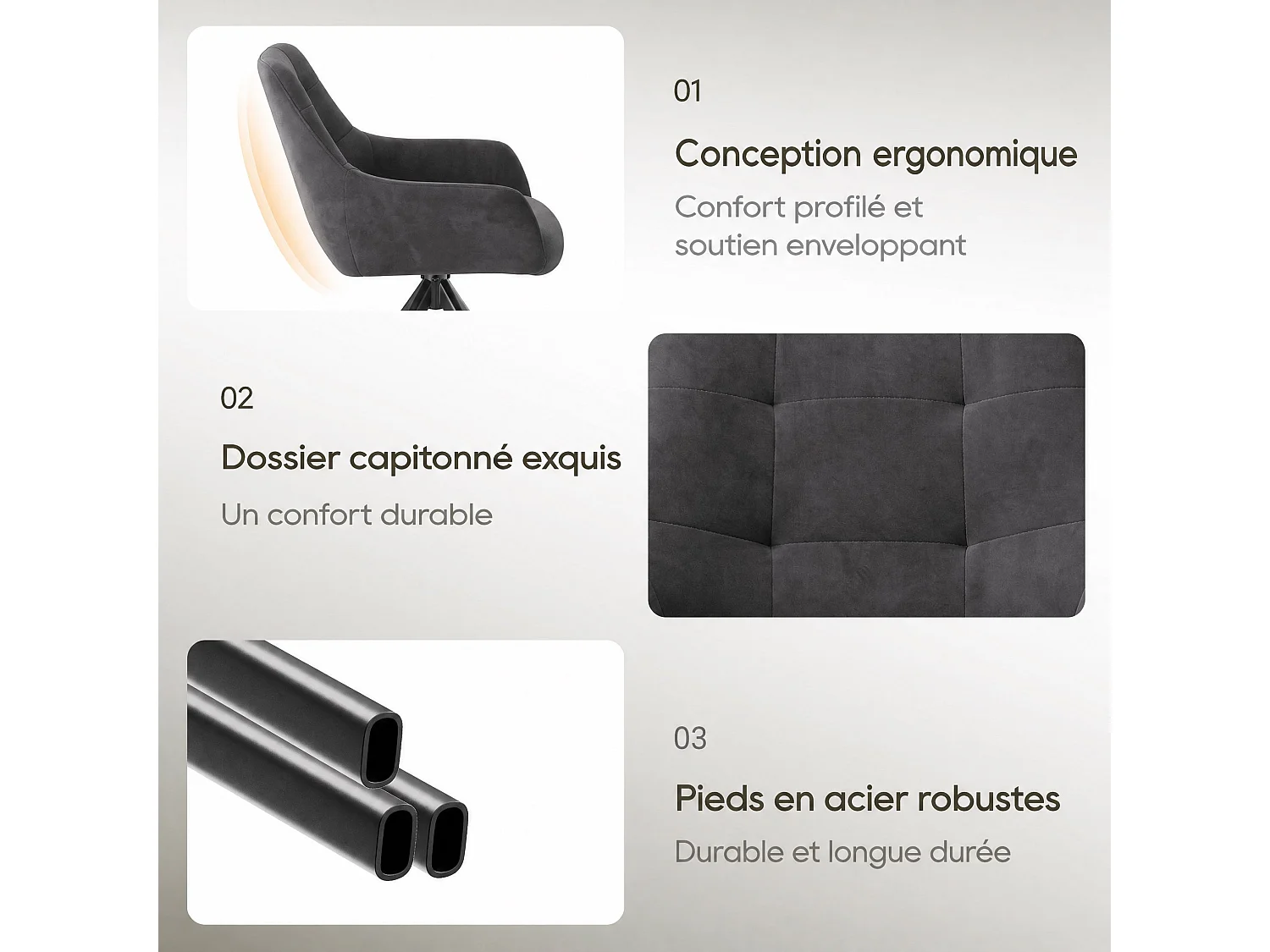 Lot de 2 chaises de salle à manger pivotantes 360° | Demi-accoudoirs, base métallique, gris