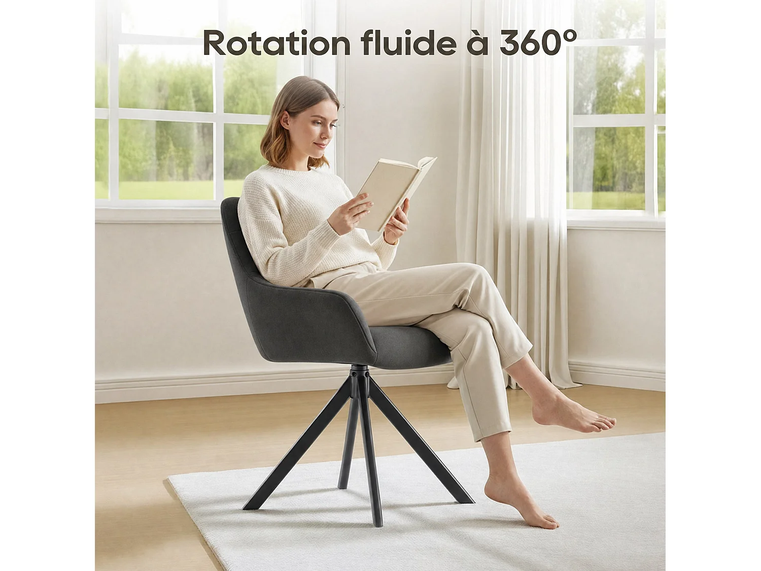 Lot de 2 chaises de salle à manger pivotantes 360° | Demi-accoudoirs, base métallique, gris